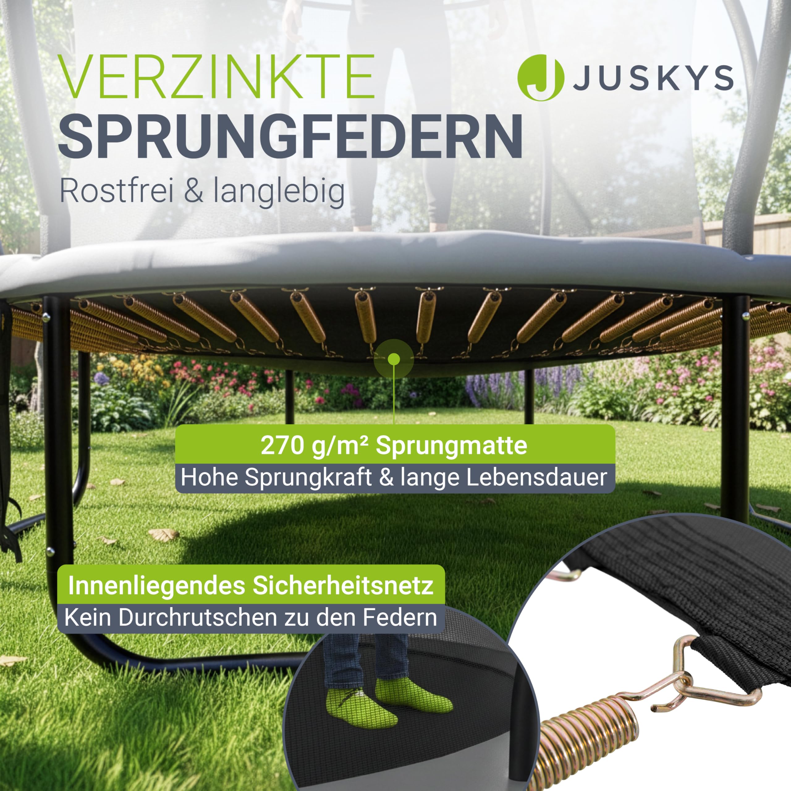 Juskys Trampolin SkyBounce – Ø 228/305 / 366 cm Outdoor Gartentrampolin mit Sicherheitsnetz, Leiter, PowerSpring Sprungfedern