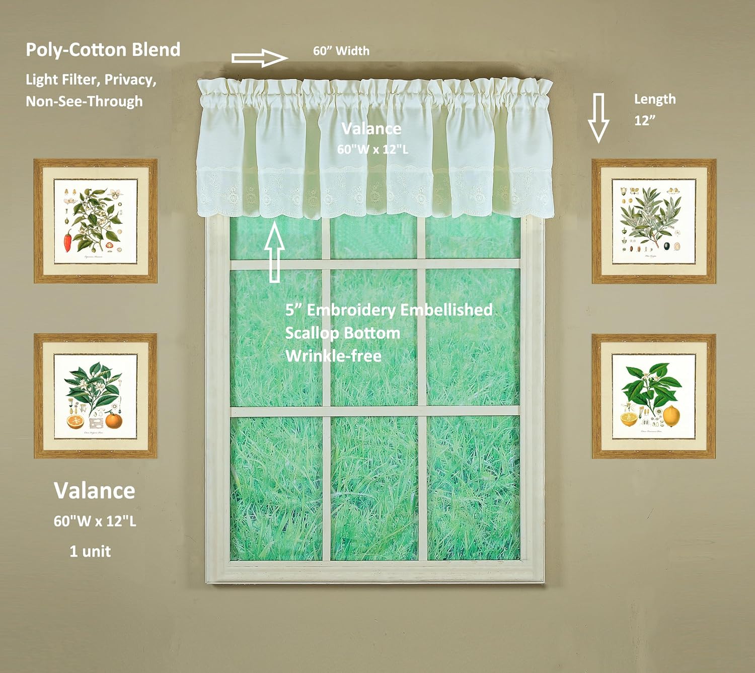 Today's Curtain, Candlewick Embroidery Valance 12", Cream, 60" W x 12" L