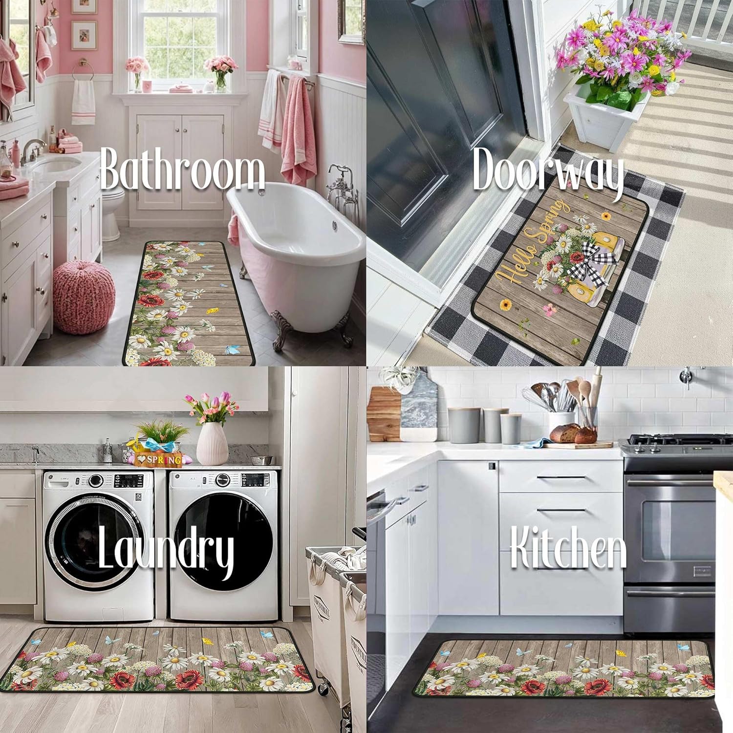 Spring Kitchen Rugs and Mats for Floor, Spring Decorations for Home, 2 Pcs Non-Slip Backing Spring Summer Mat, Spring Decor Holiday Kitchen Rug Sets with Runner (Spring 04, 17"x47.2"+17"x30")