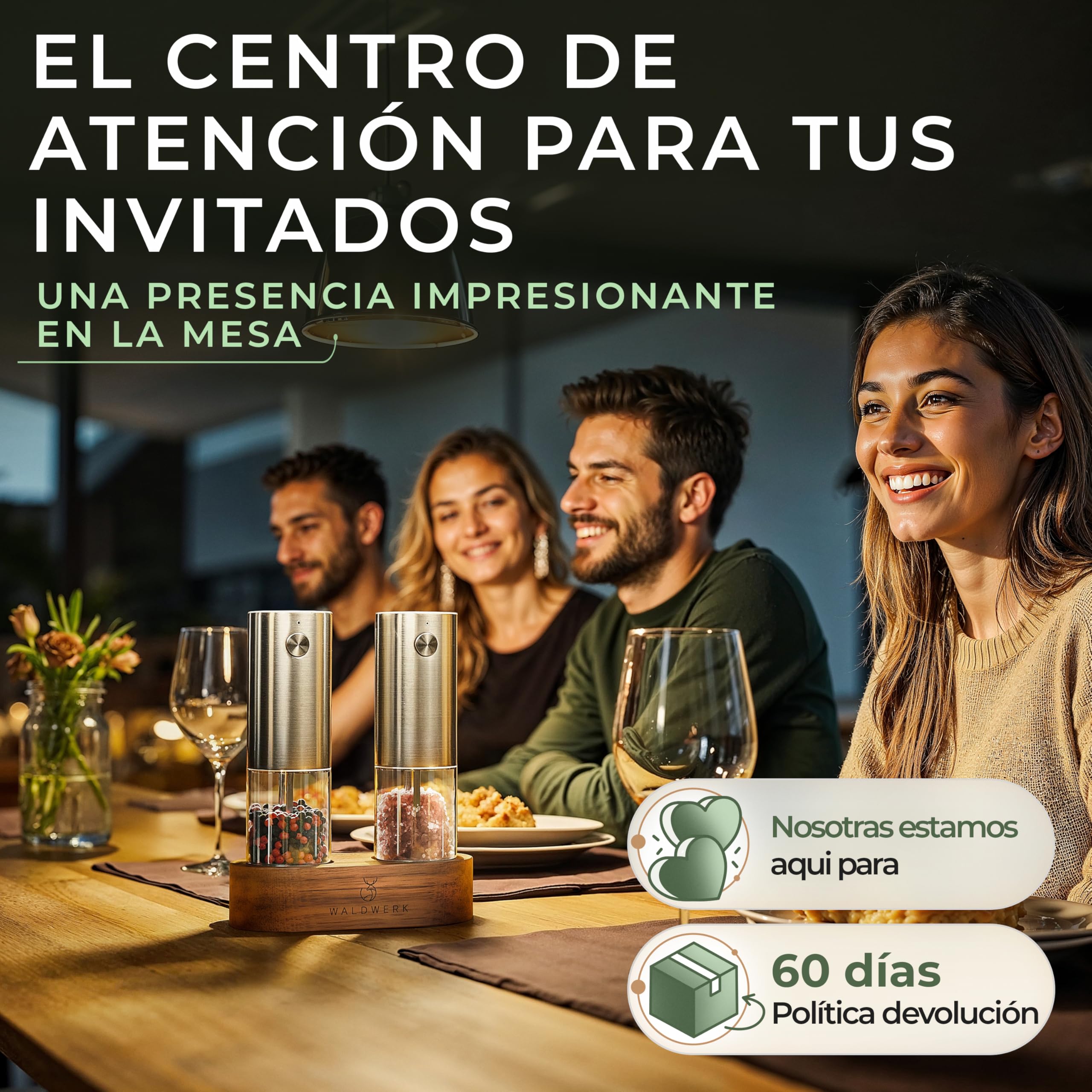 WALDWERK Juego de Molinillos de Pimienta y Sal Eléctrico (batería de 300 mAh) – Molinillo Pimienta electrico con soporte elegante de acacia – Set de Salero y Pimentero electrico
