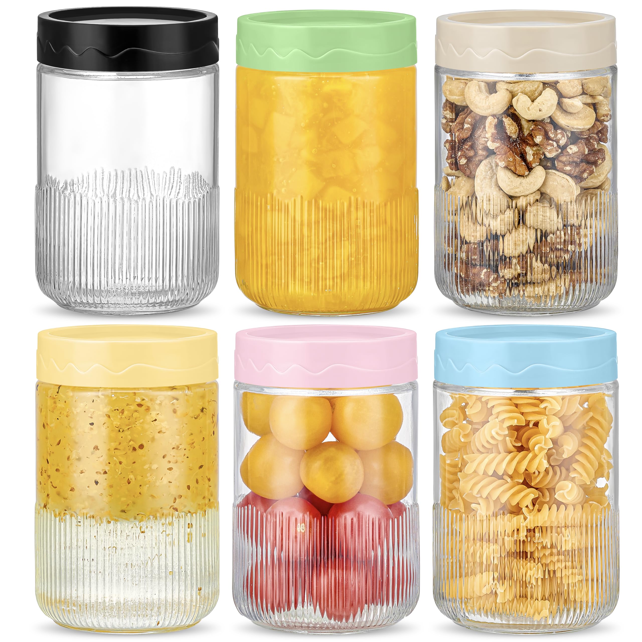 6-Pack 500ml Glass Overnight Oats Jars with Airtight Lids – Leakproof, BPA-Free, Dishwasher Safe – Ideal for Meal Prep, Storage, Jam, Yogurt & Smoothies (Mixed color, 500 ml)