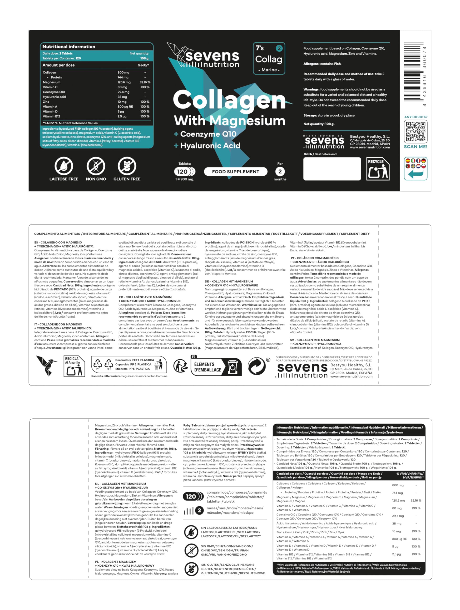 Colágeno Hidrolizado Puro con Magnesio Ácido Hialurónico y Coenzima Q10 - Colageno Marino para Huesos, Articulaciones y Piel - Con Vitaminas A, C, D3, B12 y Zinc - 120 Cápsulas - Sevens