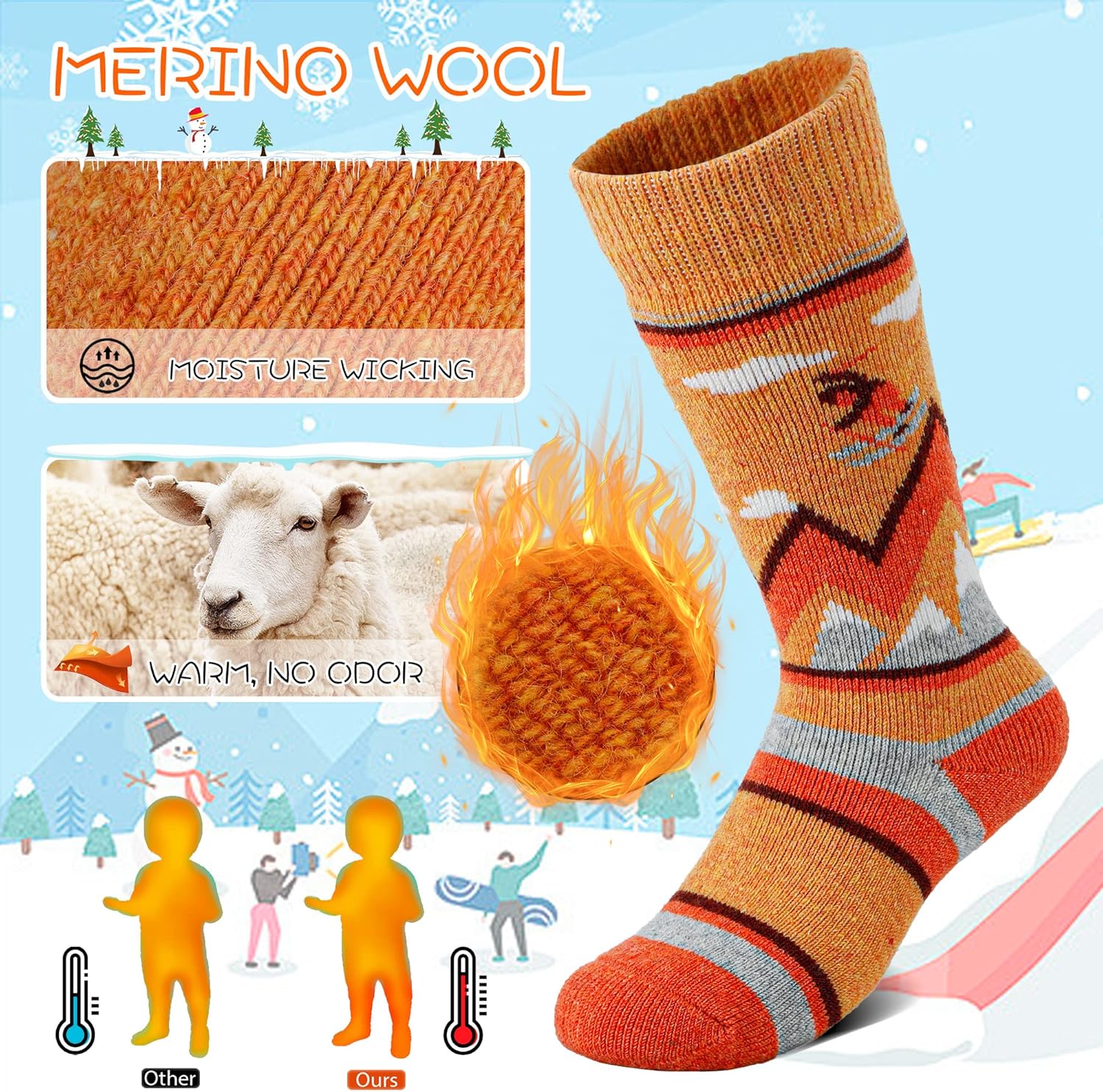 unenow Merino Wool Ski Socks Kids 2 Pairs, Winter Warm Snowboarding Thermal Socks for Boys Girls Toddlers - Image 4