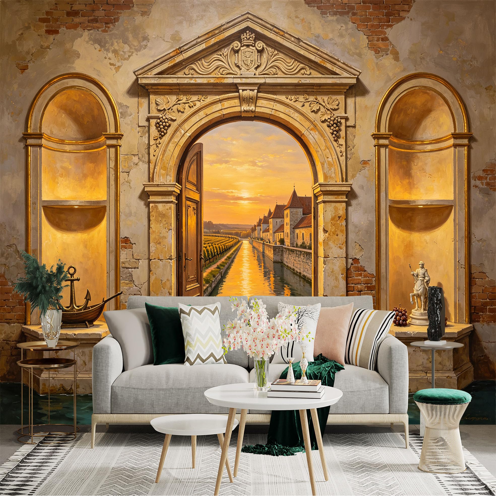 Custom Size Wall Sticker Mural， Vintage Archway Canal Sunset， Rustic Stone Wall and Mediterranean Village， for wall Decoration， peelandstick wall Decals.