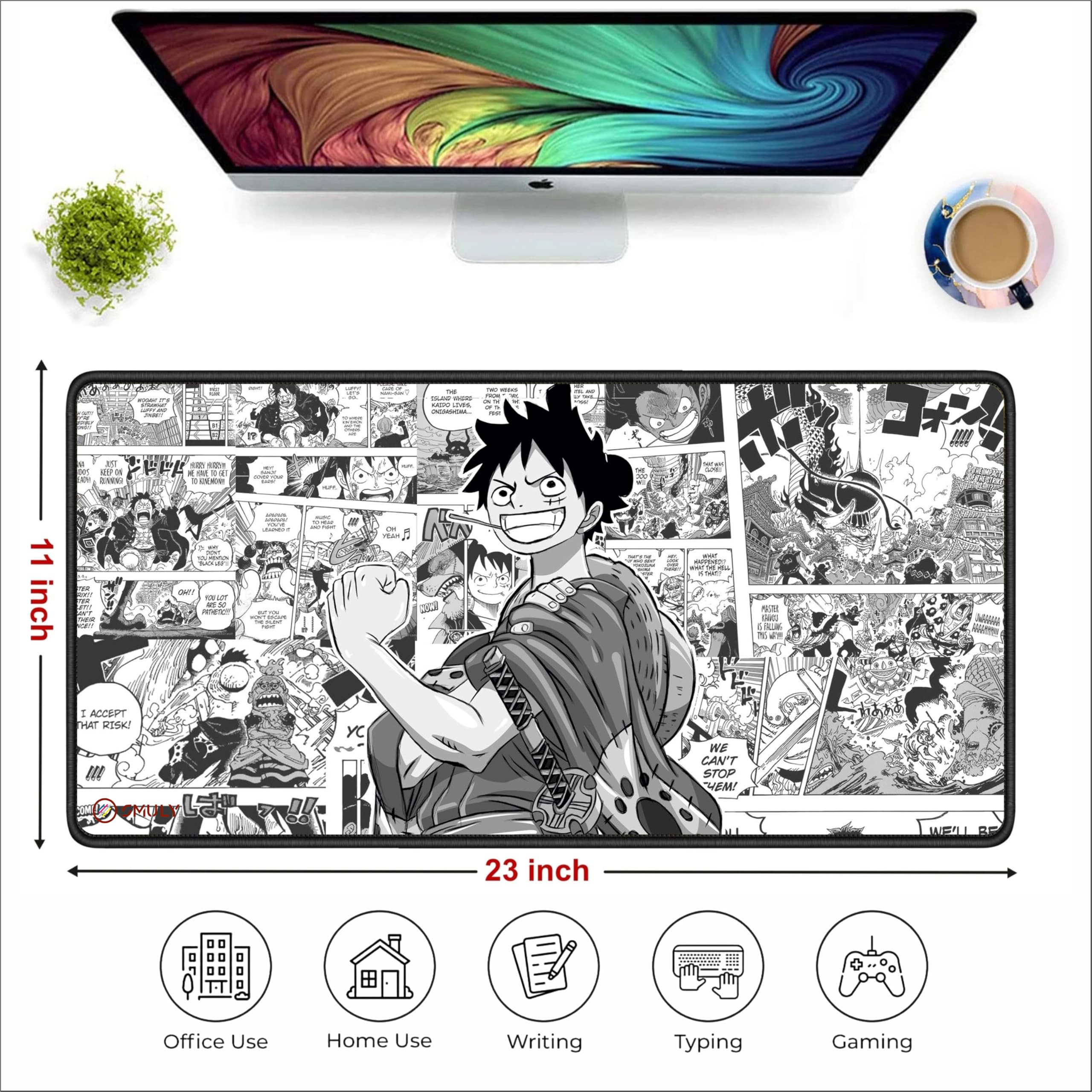 Pirate Anime Gaming Mouse Pad, Large Desk Mat 58.5 x 28 cm, Extended Washable Mousepad, Desk Pad, 2mm Thick Non-Slip Rubber Base, Stitched Edges, Smooth Surface (Black/White) — Amazon image 2