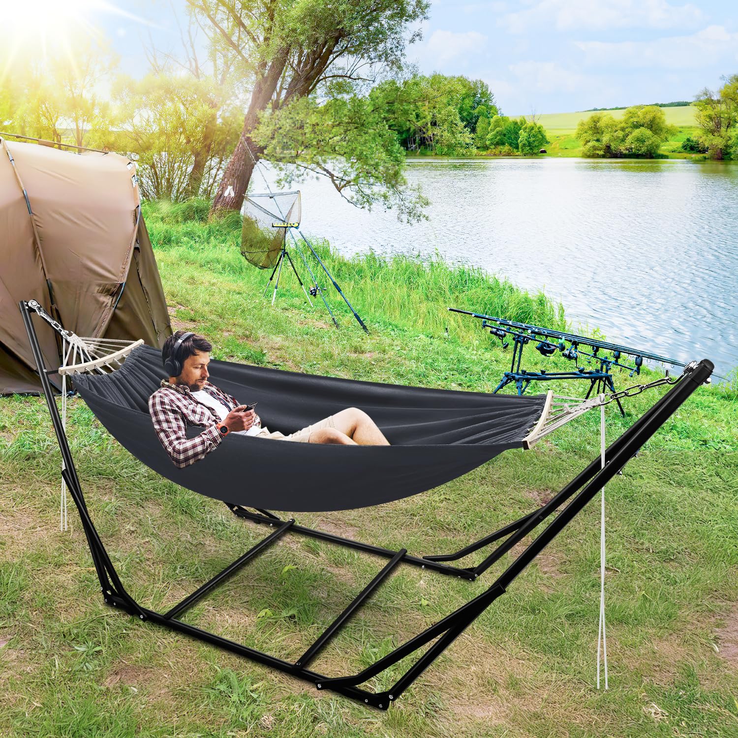 Hamaca con estructura plegable para jardín, estructura de metal para exteriores, con bolsa de transporte, estructura de metal de hasta 150 kg, para camping, jardín, piscina, balcón
