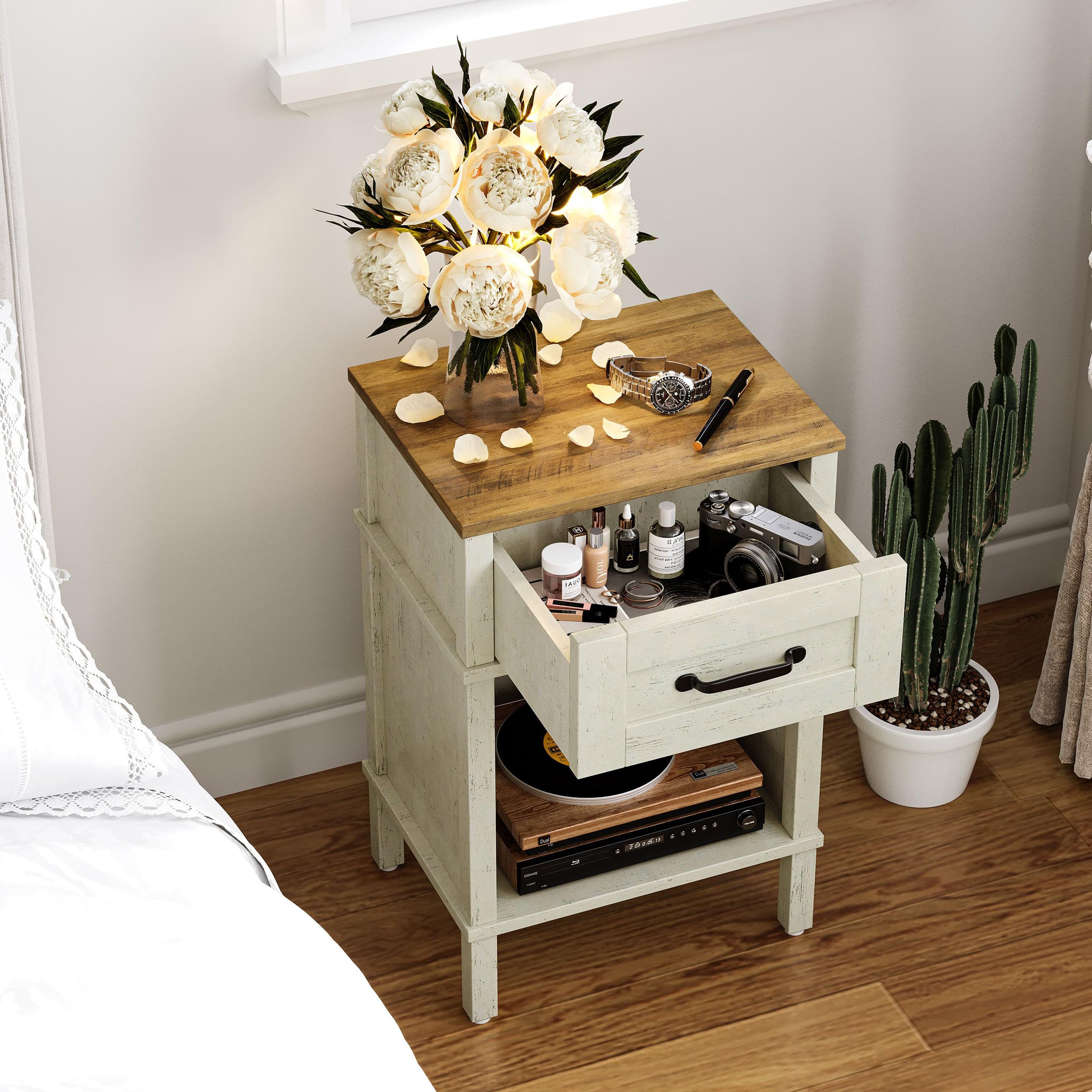 Comodino Camera da Letto Comodini Moderno con Cassetto Maniglia Scomparto Aperto Tavolino da Divano per Camera da Letto Soggiorno Crema e noce LET512WR
