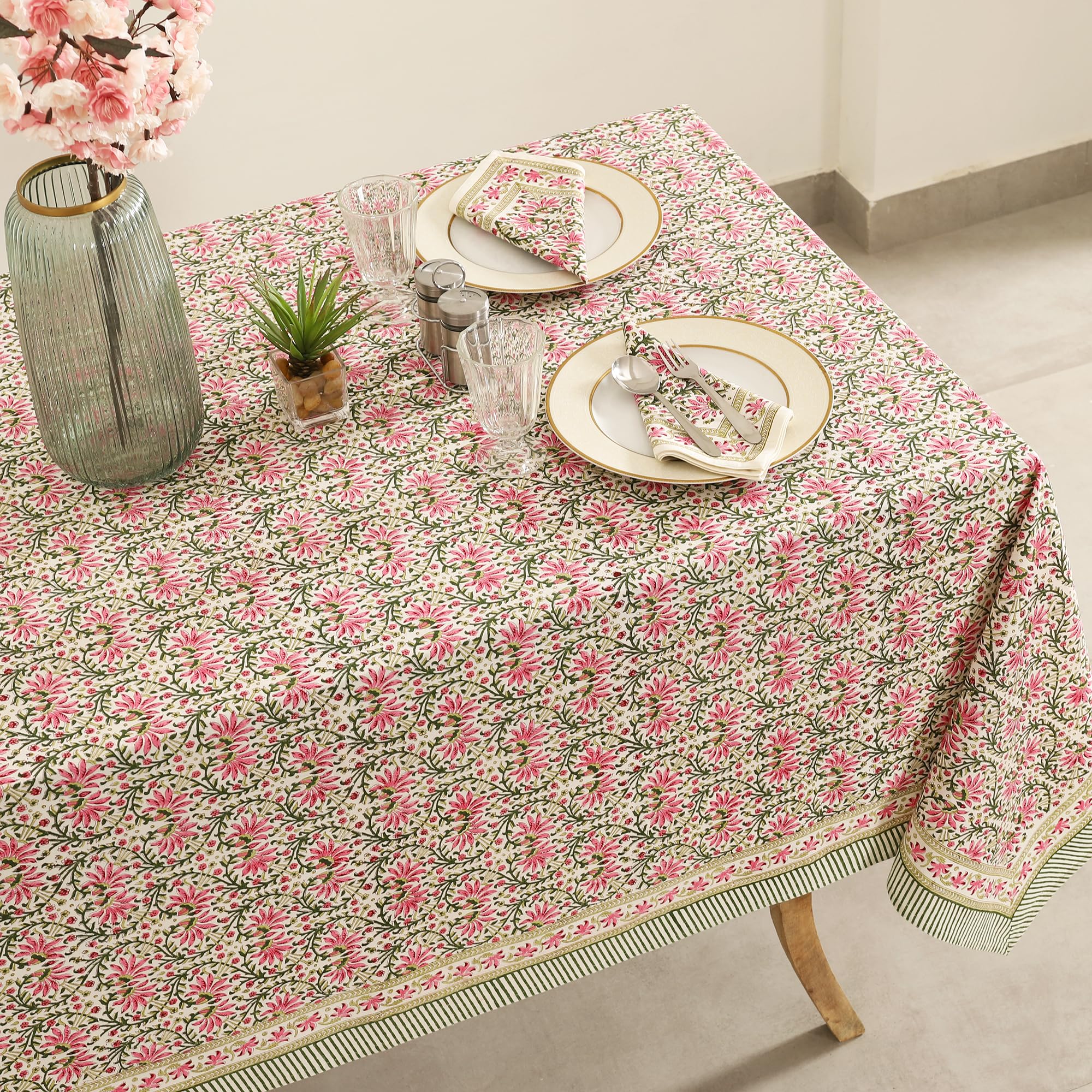 Labhanshi Indian Handblock Print Floral Cotton Rectangle 72x108 Inch 8-Seater Dining Tablecloth|Washable Spring St. Patrick Picnic Outdoor Camping Festive Easter Table Cover|Pink Green