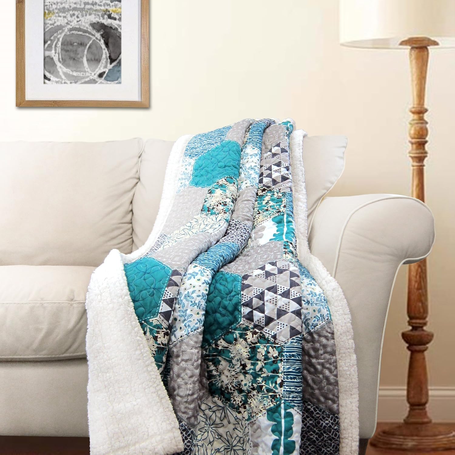 Best Deal Product Lush Decor, Turquoise Briley Reversible Throw-Colorful Hexagon Patchwork Pattern Blanket-60 x 50, 60X50