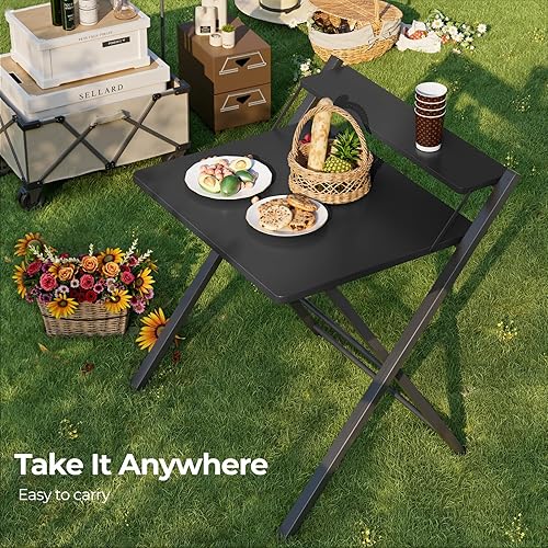 Miniatura 8 de GreenForest Escritorio plegable sin montaje, escritorio compacto de 2 niveles para computadora con estante, mesa plegable que ahorra espacio para