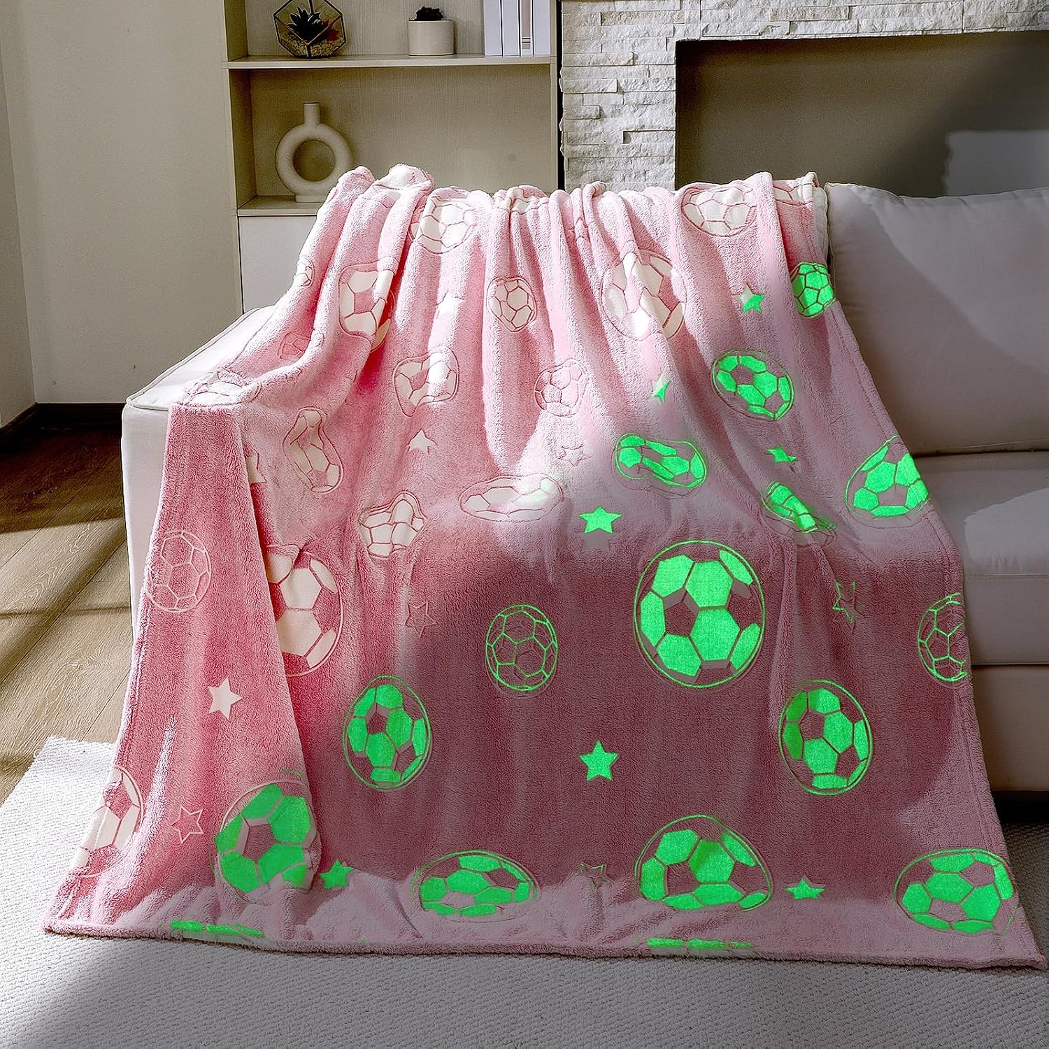 Pink Soccer Blanket 50 x 60 Glow in Dark Girls Throw Blanket | Fun Gifts for Soccer Lovers, Soft Fleece Throw, Glowing Ball and Star Pattern, Team Spirit Decor, Bedroom Use