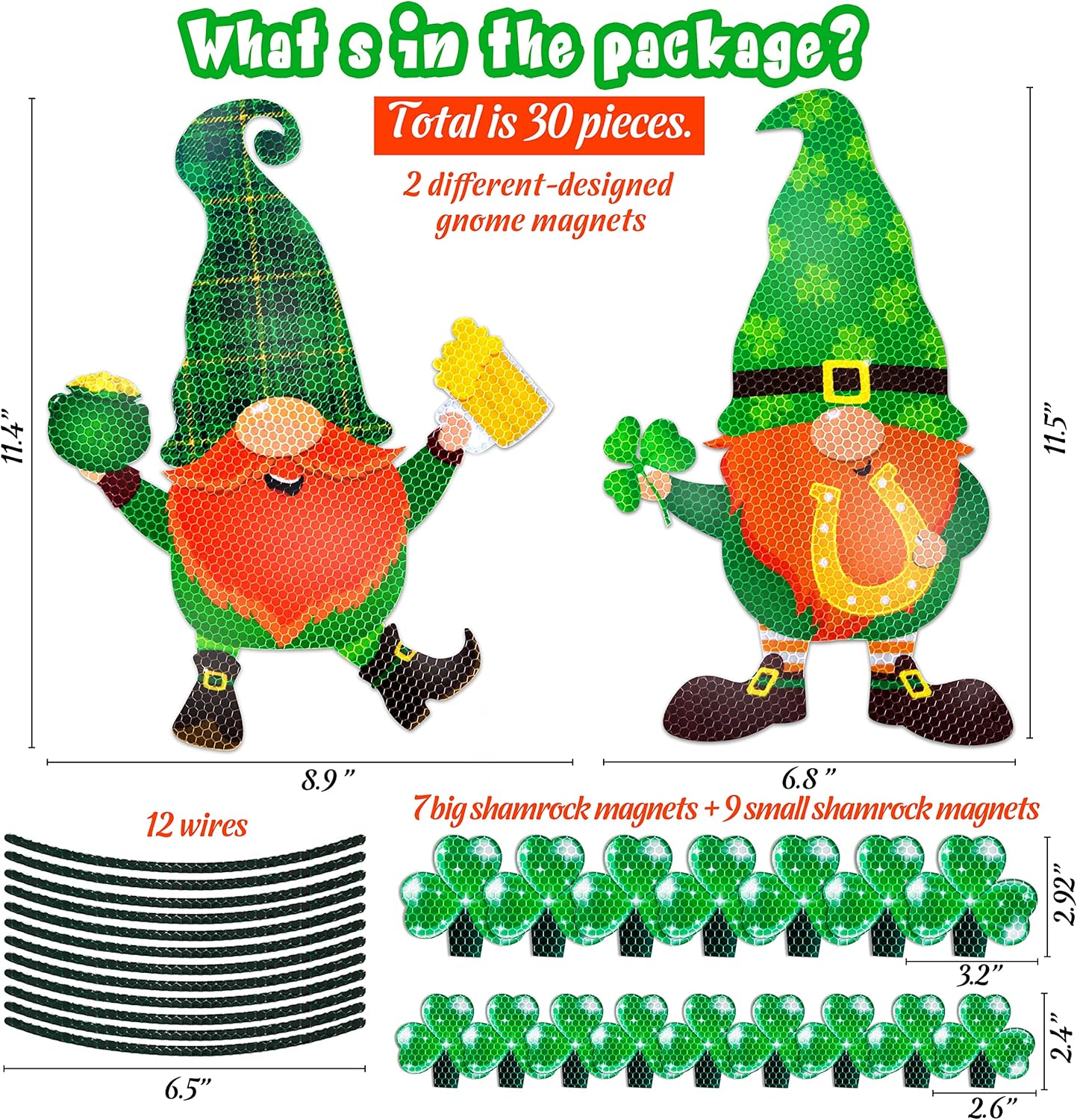 30PCS St Patricks Day Car Refrigerator Decorations - Reflective Shamrock Gnome Magnets Decor Saint Patty’s Cute Party Ornaments Green Accessories