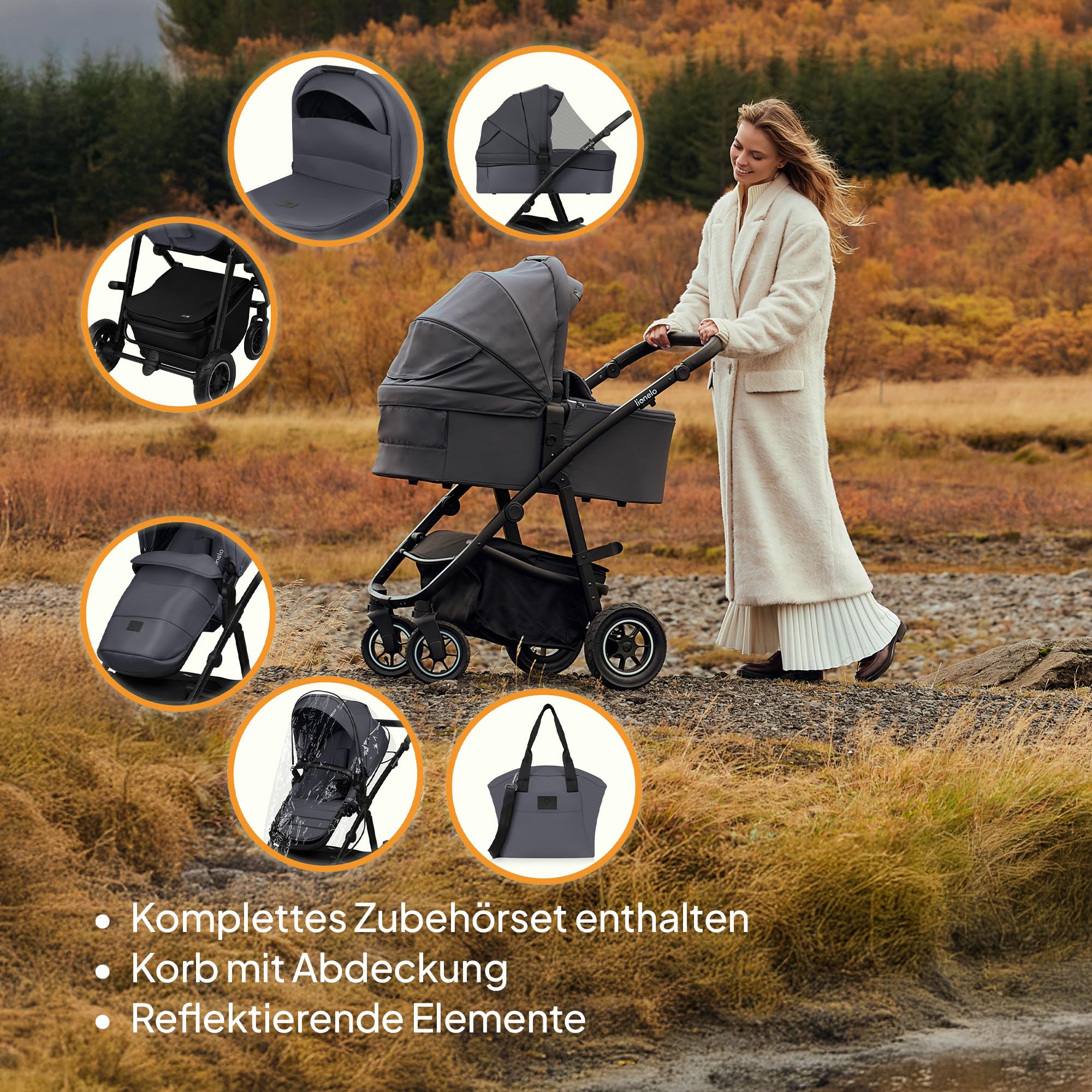LIONELO AMBER PLUS 3-in-1 Multifunktionaler Kinderwagen von 0 bis 4 Jahren bis 22 kg mit XL-Babywanne, Kindersitz bis 13 kg, verstellbare Rückenlehne, große 360o Geländeräder, XXL-Verdeck