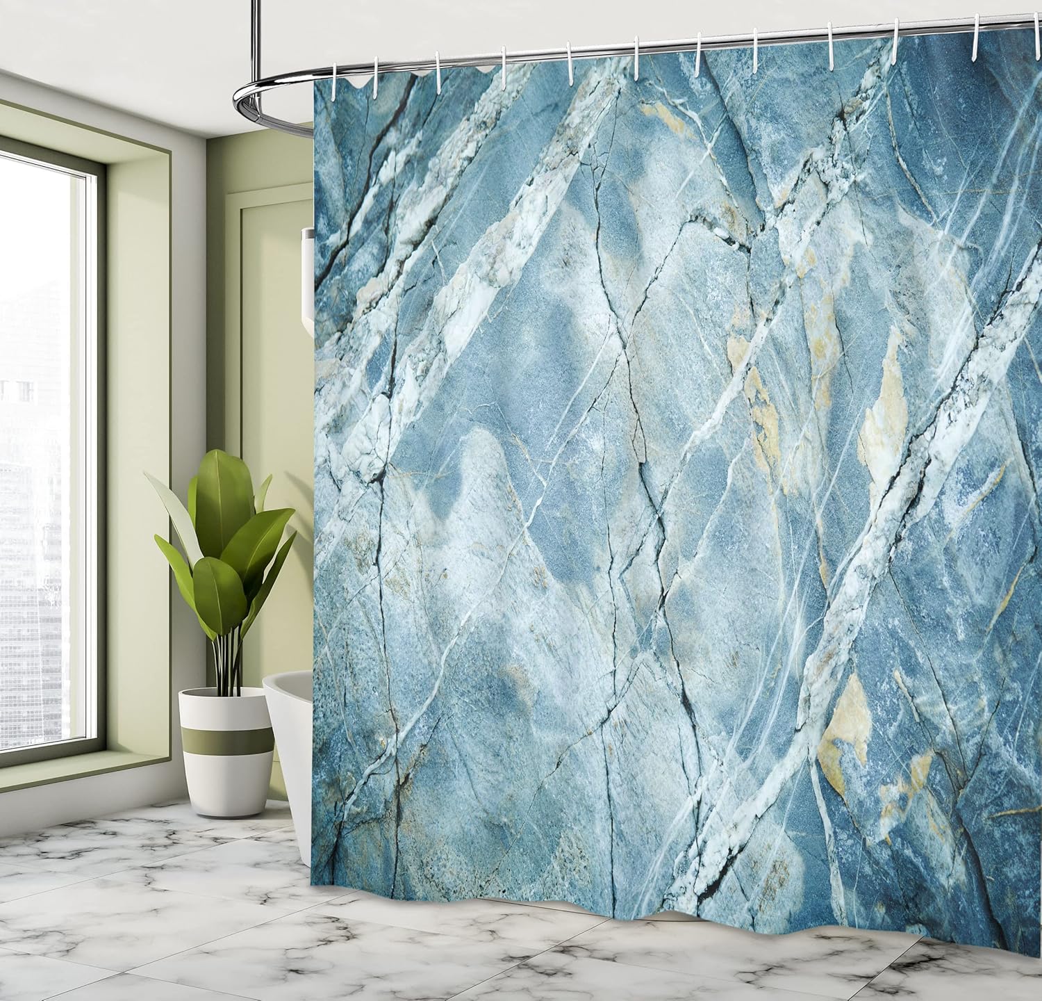 Ambesonne Marble Print Shower Curtain, Exquisite Granite Stone Architecture Floor Nature Faded Rock Picture, Cloth Fabric Bathroom Decor Set with Hooks, 69" W x 70" L, Pale Blue Grey