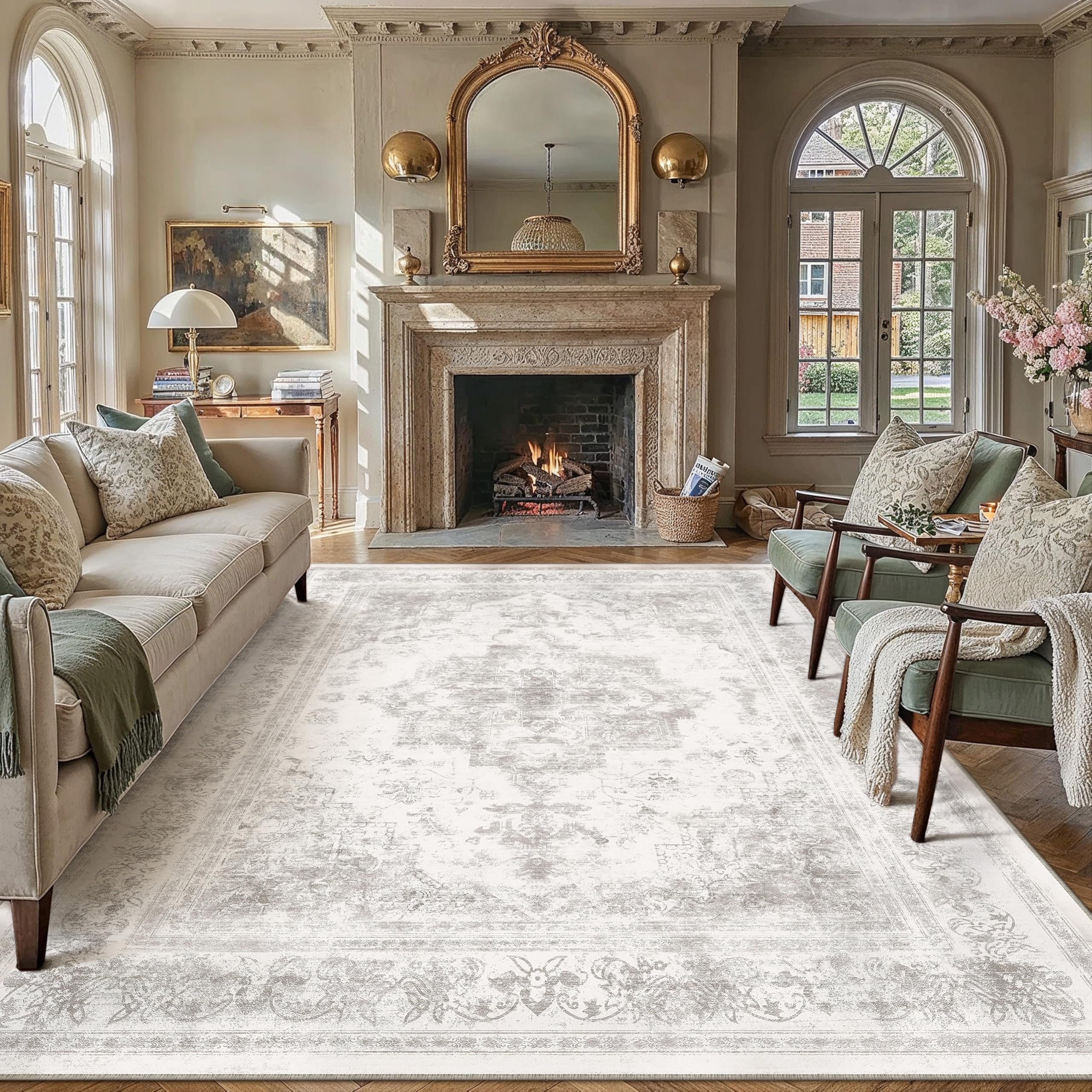 purecozy washable rug 8x10 area rug for living room light gray vintage boho medallion large grey distressed retro carpet non slip indoor low pile small soft bedroom dining room home office