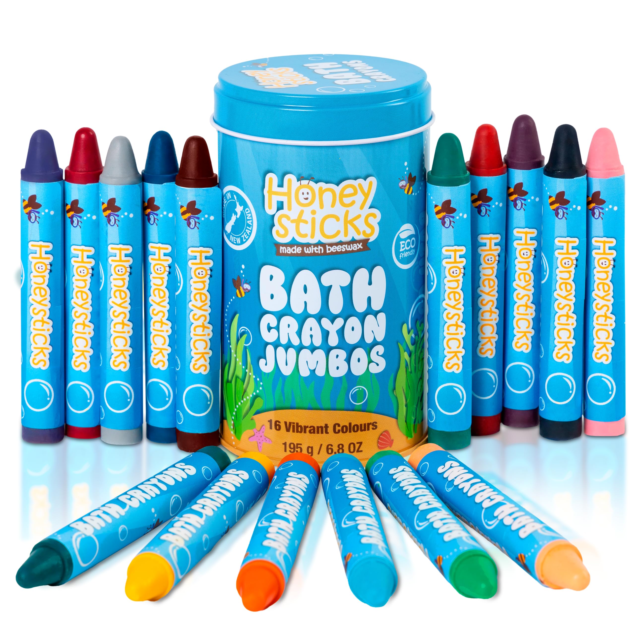 Honeysticks Jumbo Bath Crayons Non Toxic (16 Pack) for Toddlers 1-3 and Kids 4-8, Natural Beeswax Crayons, Food-Grade Colors, Fragrance Free, Non Irritating, Bath Toys for Bathtub, Shower, Gift