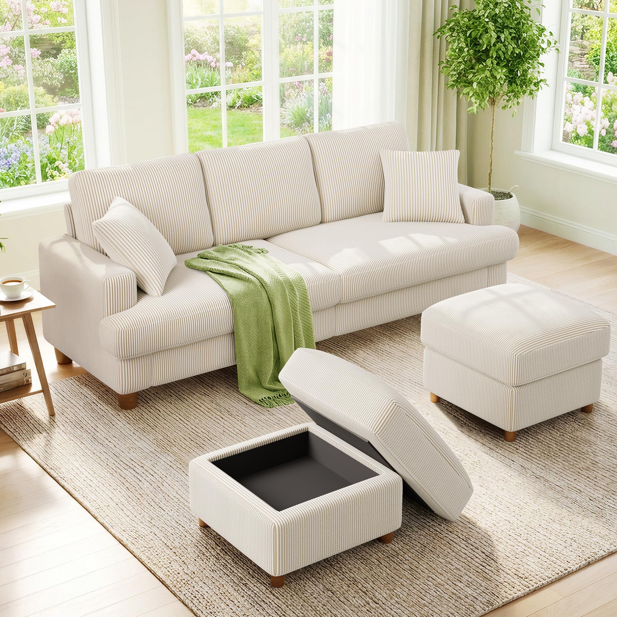 Kidirect 87" U Shaped Modular Sectional Sofa &amp; Ottoman Beige Corduroy Couch