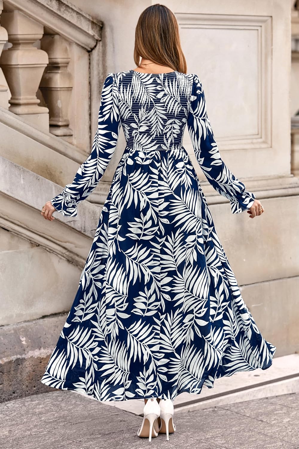 MASCOMODA Womens 2025 Fall Long Sleeve Floral Maxi Dress Casual Smocked V Neck Boho A Line Flowy Long Wedding Guest Dresses - Image 7