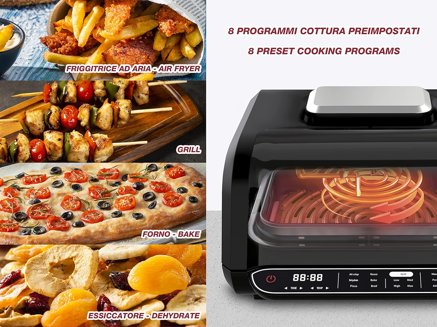 BEPER CUCINOTTO Grill e Friggitrice ad Aria Multifunzione con 8 Programmi - Friggitrice ad Aria, Barbecue, Forno, Piastra Cucina ed Essiccatore + Accessori Inclusi, P101FRI080 BEPER CUCINOTTO Grill e Friggitrice ad Aria Multifunzione con 8 Programmi - Friggitrice ad Aria, Barbecue, Forno, Piastra Cucina ed Essiccatore + Accessori Inclusi, P101FRI080