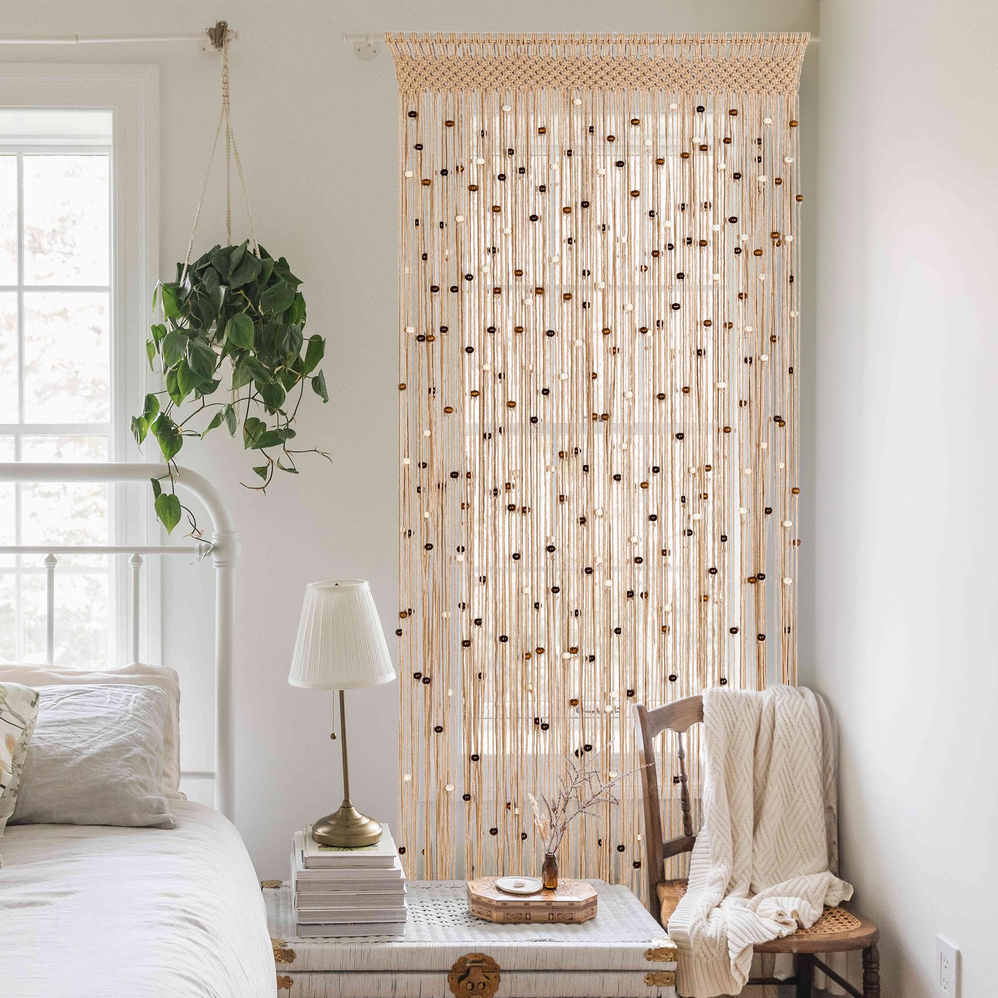 BECHAEO Rideau de perles en macramé fait à la main en coton pour porte, fenêtre, perles en bois et pompons à suspendre, séparateur de pièce, couloir, placard, chambre à coucher, décoration d'intimité,