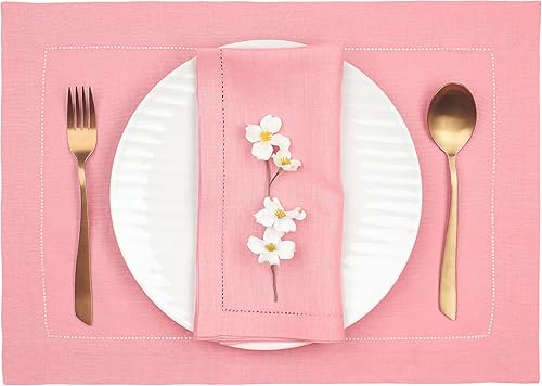 Miniatura 3 de D'Moksha Homes Juego de 4 manteles individuales de lino 100 % lino puro, color rosa polvoriento, de 14 x 19 pulgadas, dobladillo clásico, manteles