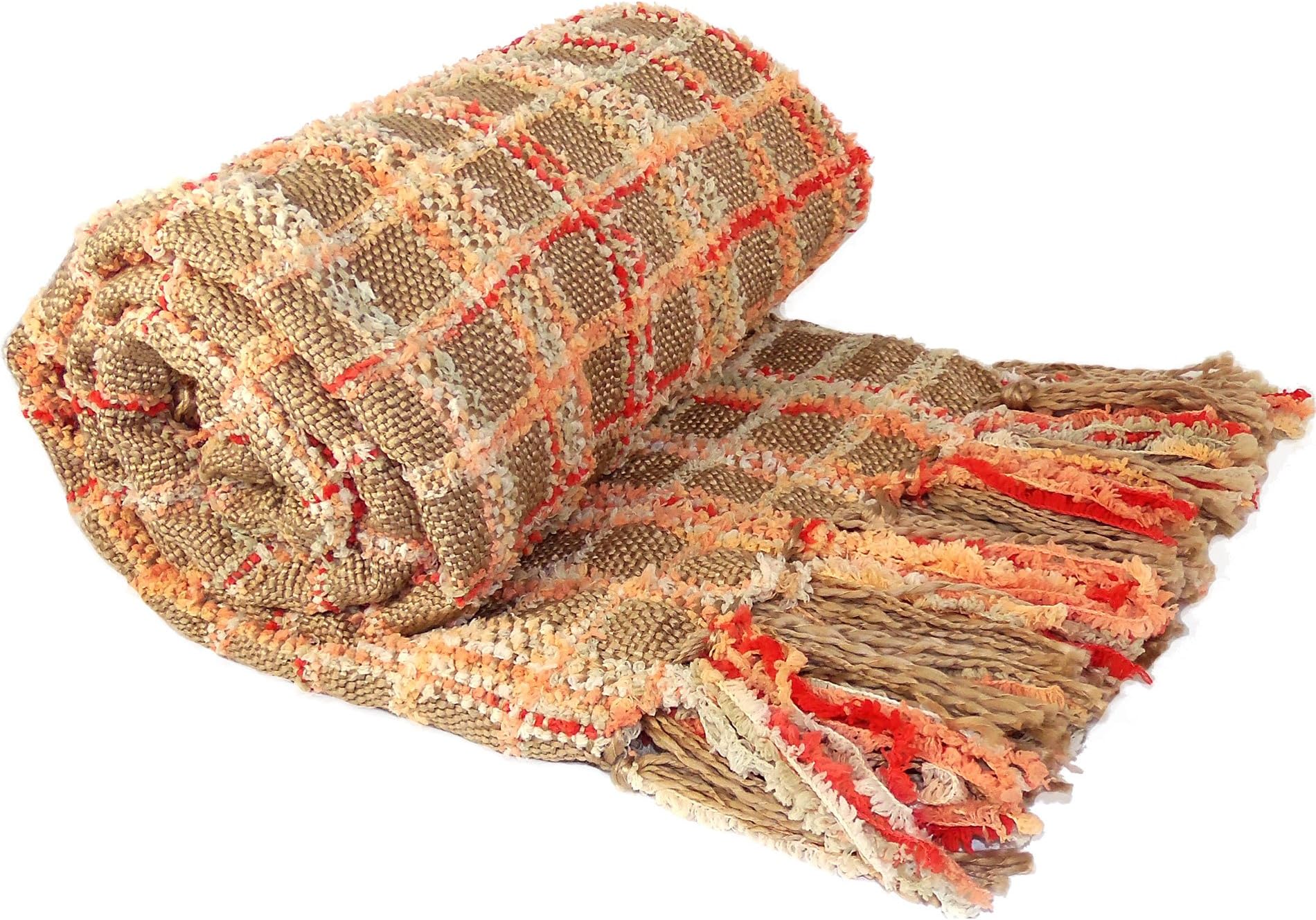 Home Soft Things Multi-Color Chenille Couch Throw Blanket, Burnt Orange, 60'' x 80'' Soft Warm Cozy Soft Tartan Blanket with Tassels Throw Blanket for Living Room Bed Sofa Chair Décor
