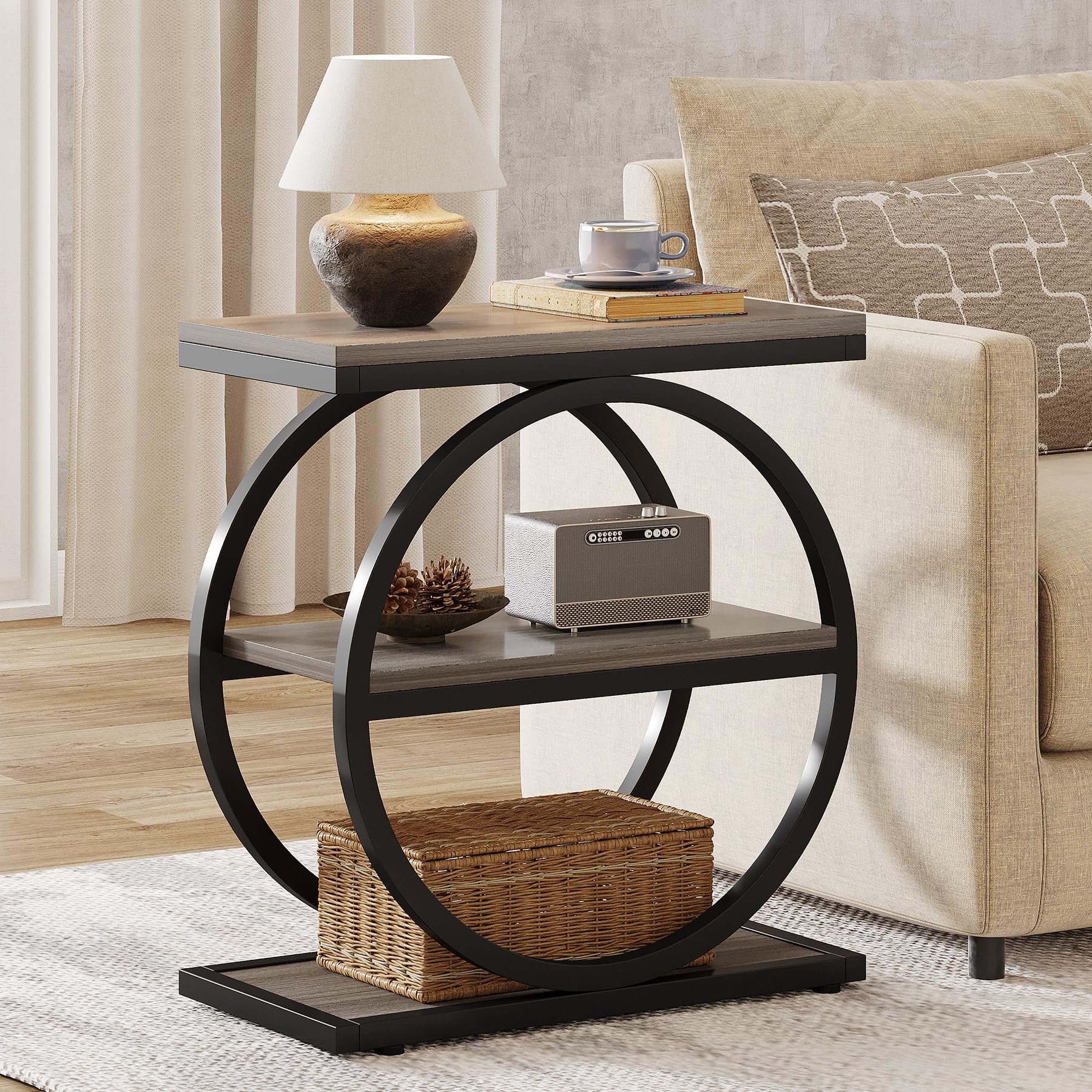 Tribesigns End Table, Narrow End Table with 3 Storage Shelves, Wood Side Table with Black Metal Frames, Industrial Small Sofa Side Table for Living