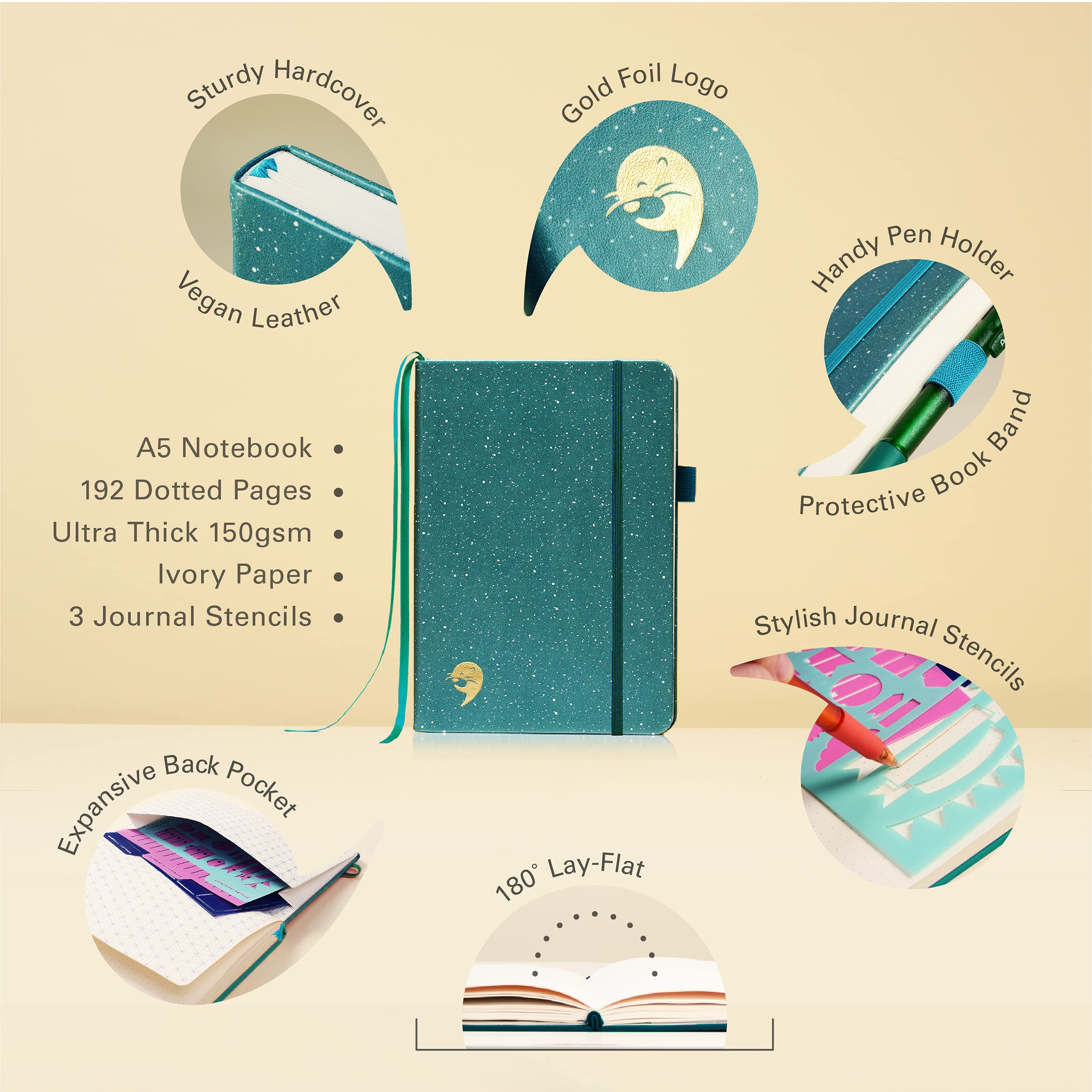 Ottergami The Classic Carnet A5 Vert Moucheté Bullet Pointillé Journal 150gsm Papier Dotted Notebook Relié Cartonné 192pg