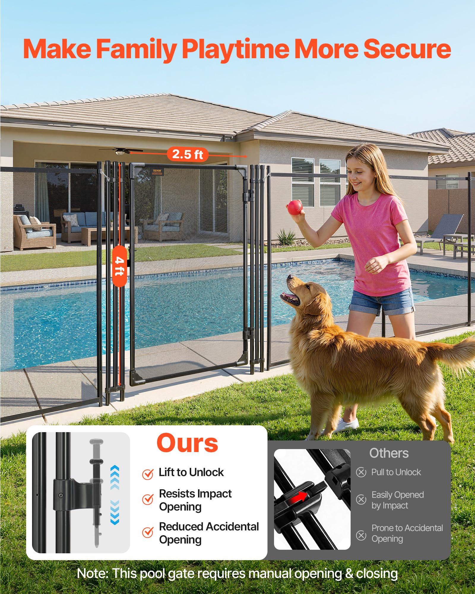 VEVOR Portillon de Barrière Piscine Amovible 1,2x0,75 m, Portillon de Sécurité pour Piscine Enterrée et Clôture Extérieure, Kit avec Loquet Métallique, Maille Teslin PVC 352 g/m², Tube Rond, Noir