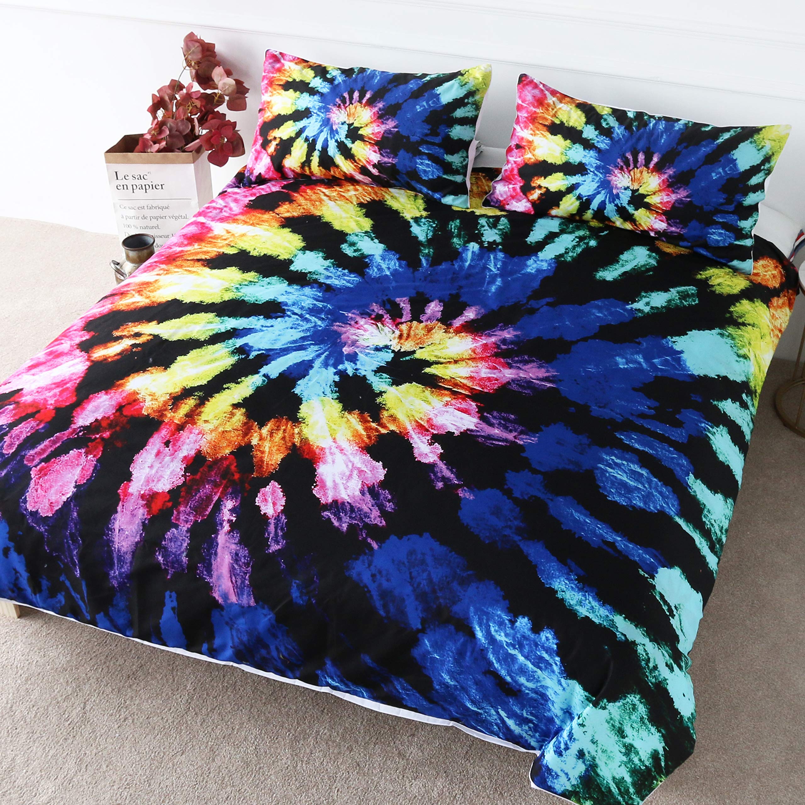 BlessLiving Blueberry Tie Dye Bedding Bohemian Hippie Tie Dyed Bed Spread 3 Pieces Boys Abstract Bed Duvet Covers (Single)