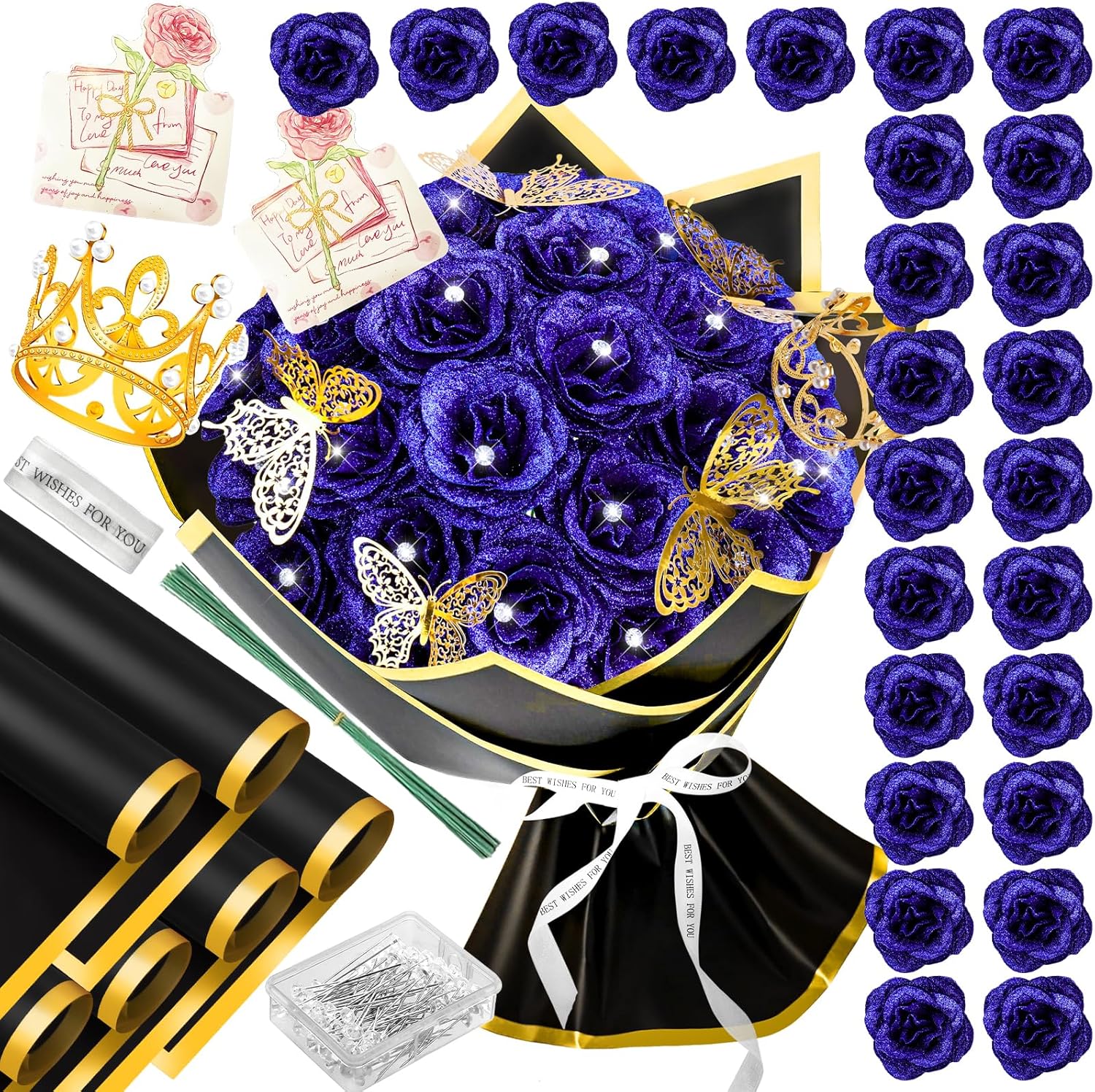 28 Blue Glitter Roses Bouquet - Artificial Flowers Bouquet with Diomand Pins,Blue Roses DIY Fake Flower Bouquet Kit - Sparkling Flower Arrangement for Valentine’s Day,Anniversary,Weddings Engagement