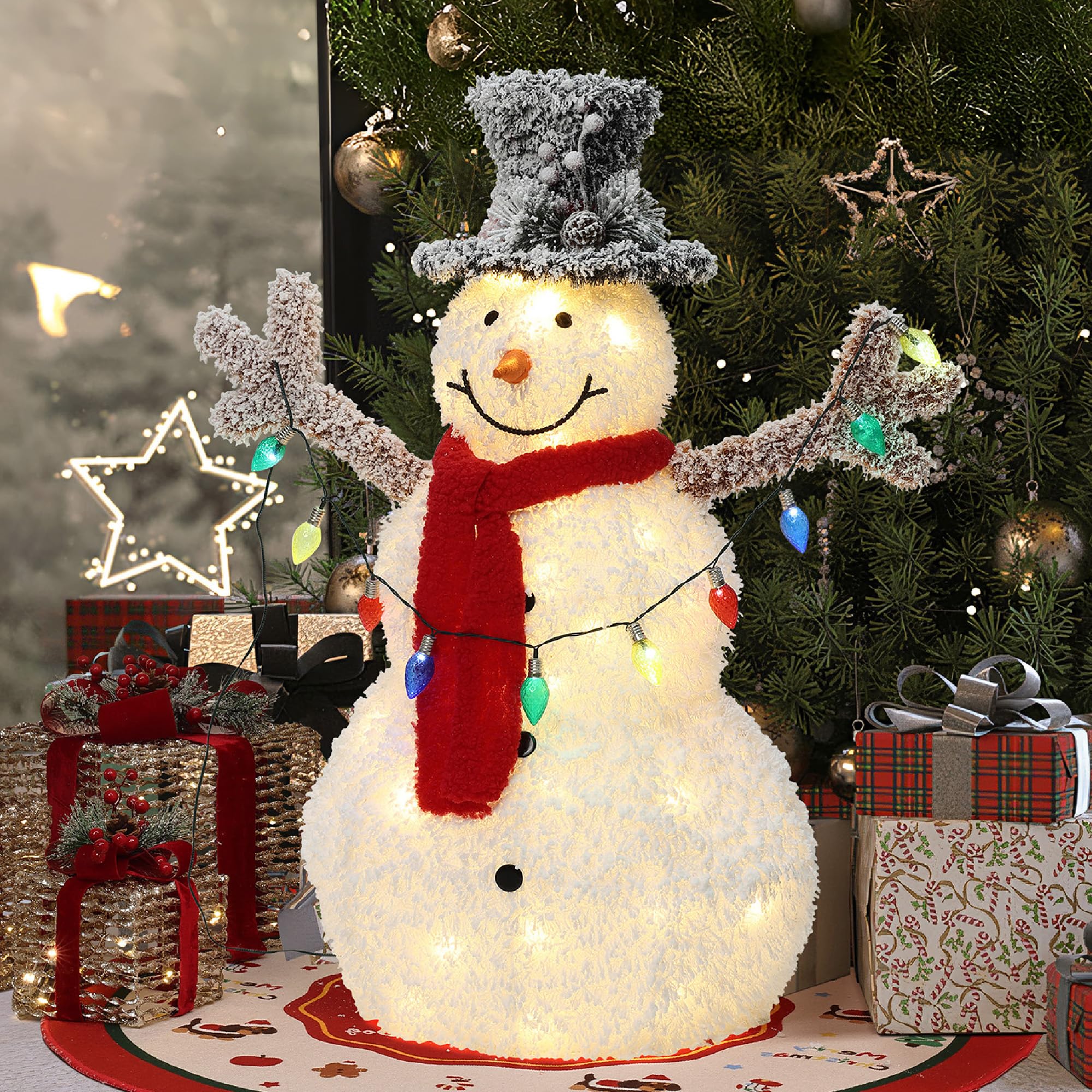 Hometopia LED Schneemann Deko mit Zylinderhut, Rotem Schal Leuchtende Weihnachtsfigur für Innen und Außen, Weihnachtsdeko
