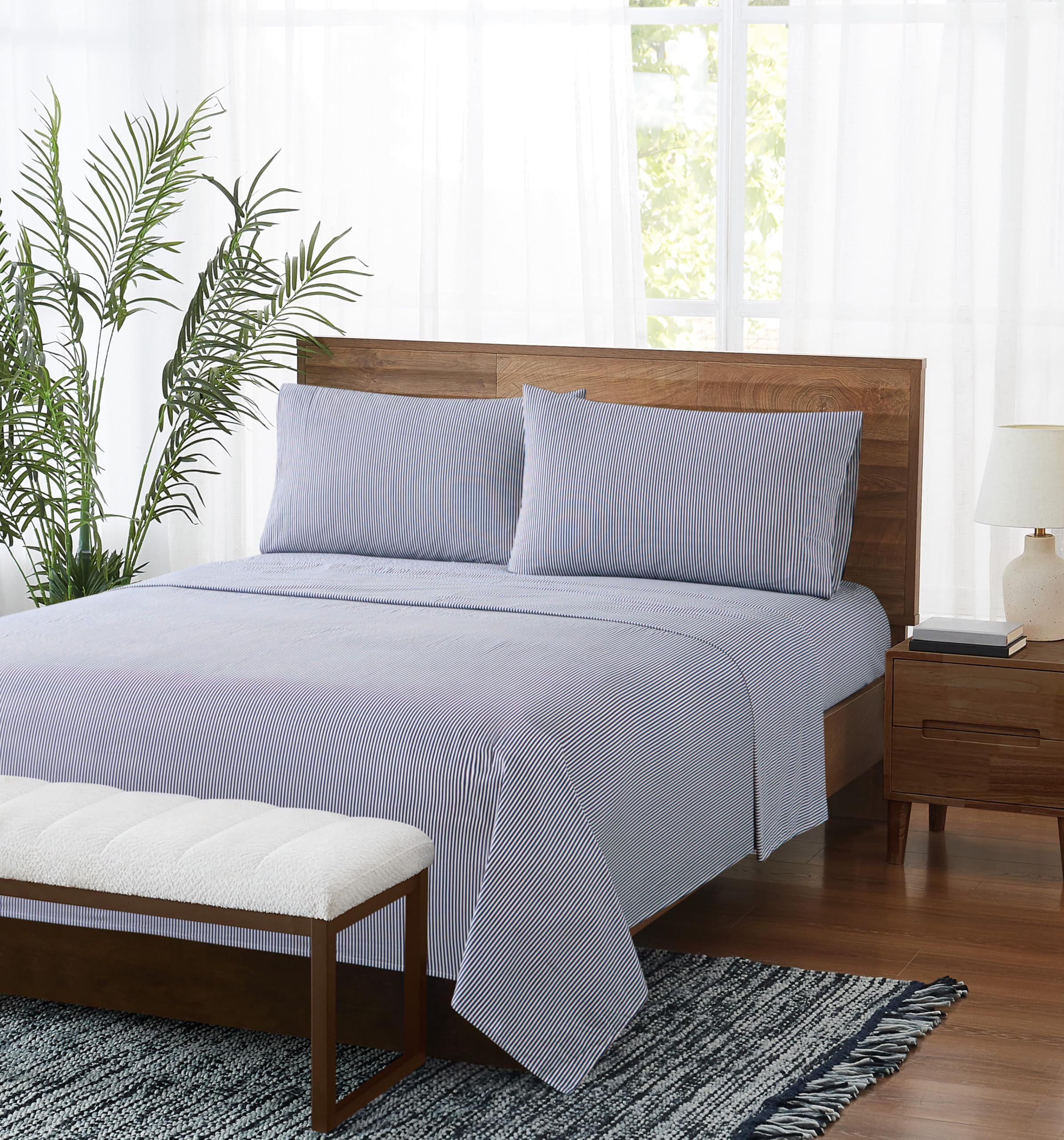 Brooklyn Loom Pinstripe White/Navy Twin 3 Piece Sheet Set