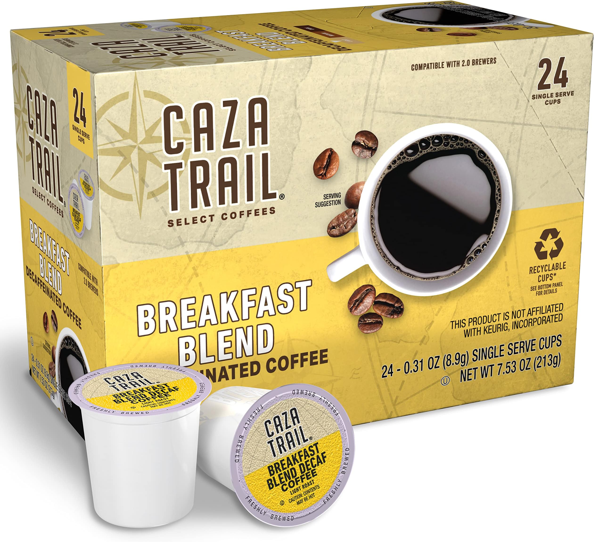 Caza Trail Coffee Pods, Decaf Breakfast Blend, Single Serve (Pack of 24) (Packaging May Vary)