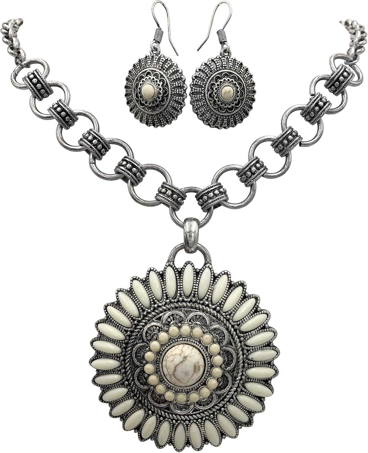 Gypsy Jewels Round Medallion Concho Western Style Statement Silver Tone Chain Necklace & Dangle Earrings Set