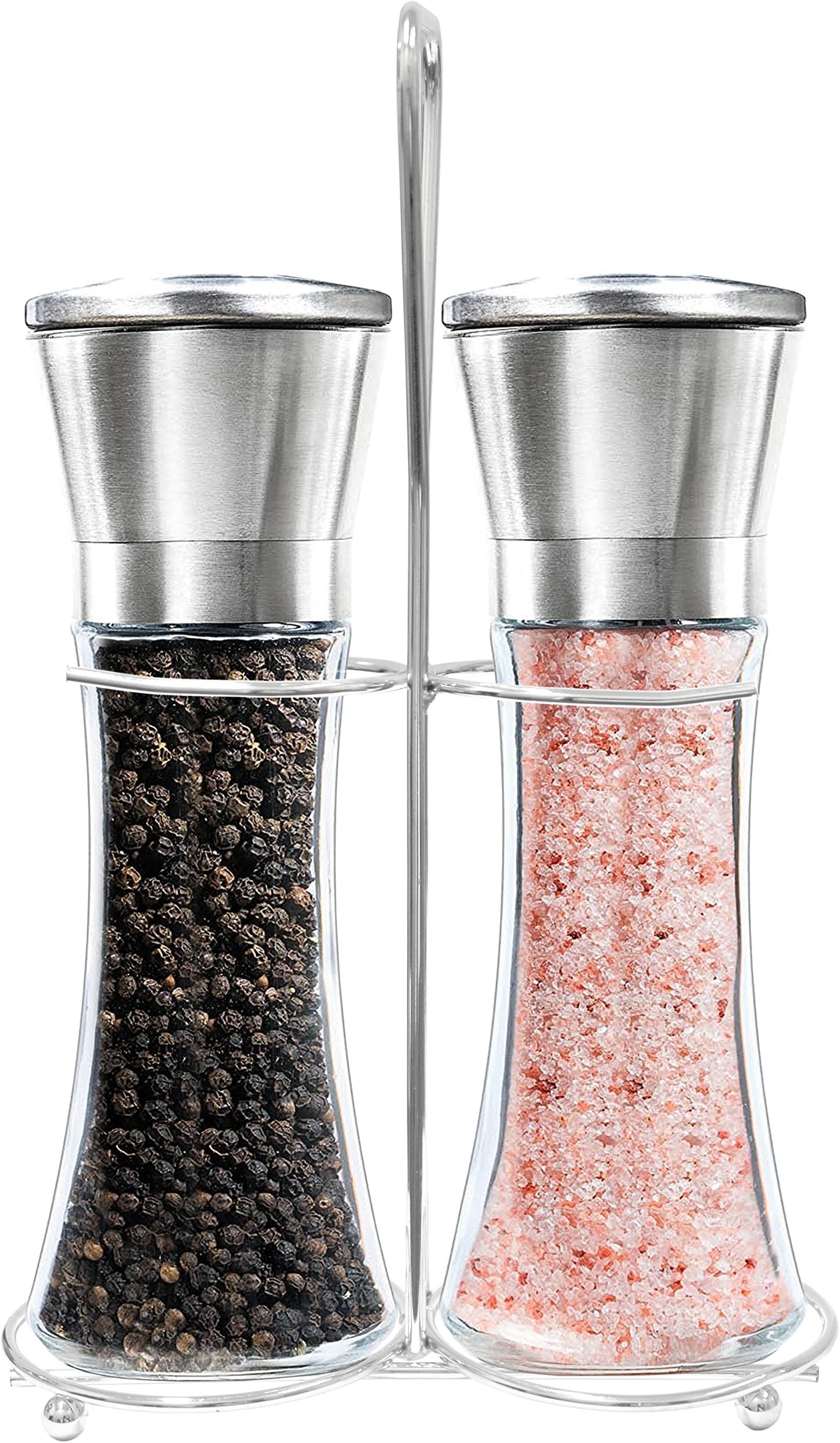 Deluxe Salt & Pepper Grinder With Stand | Dual Spice Shaker Set With Adjustable Coarseness | Stainless Steel Seasoning Dispenser | Easy Refill (The Medium Size)
