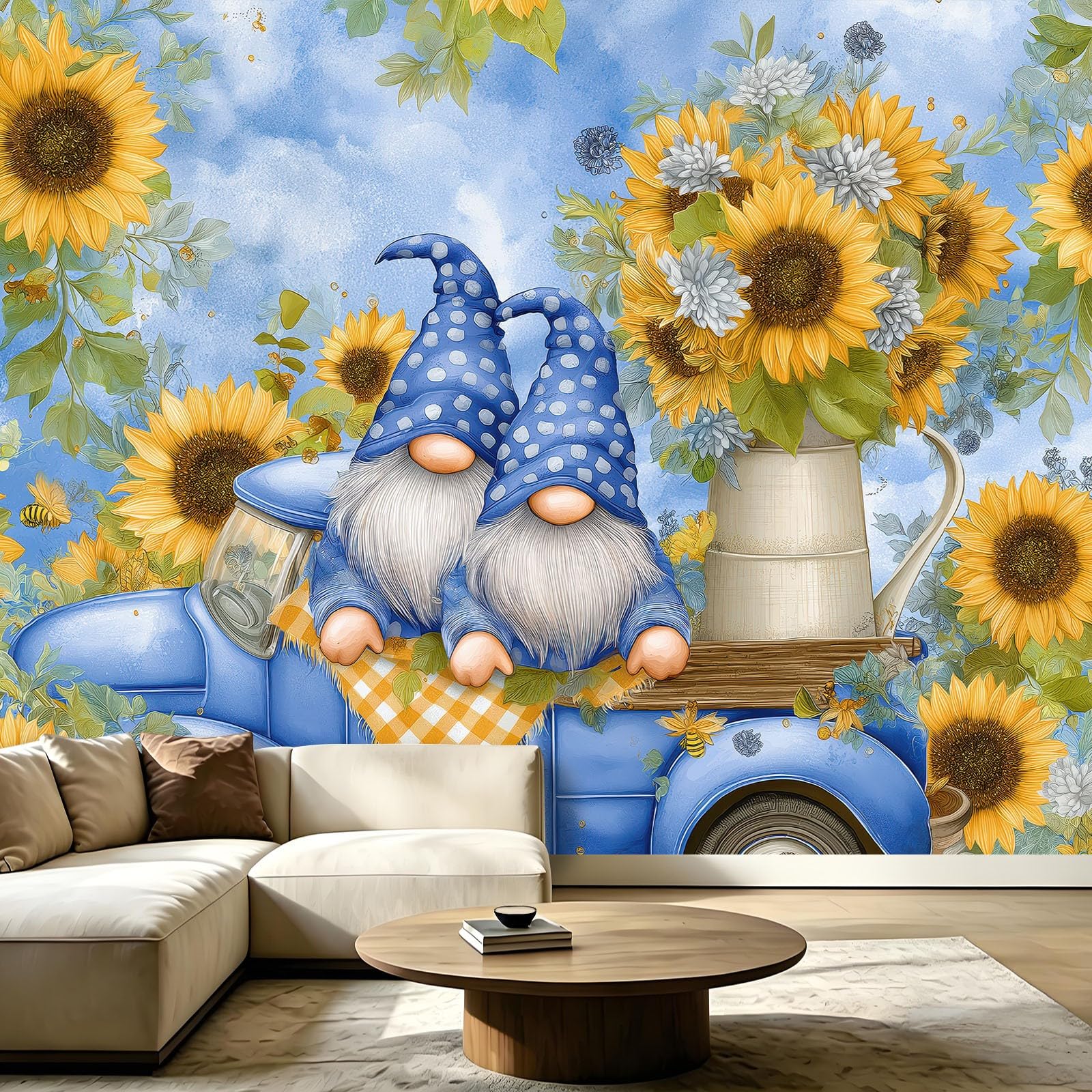 Générique Panoramiczna tapeta z włókniny festiwal kreskówka 250 x 175 cm, słonecznik krasnal ogrodowy tapeta - do salonu sypialnia jadalnia dekoracja ścienna, rozmiar na zamówienie