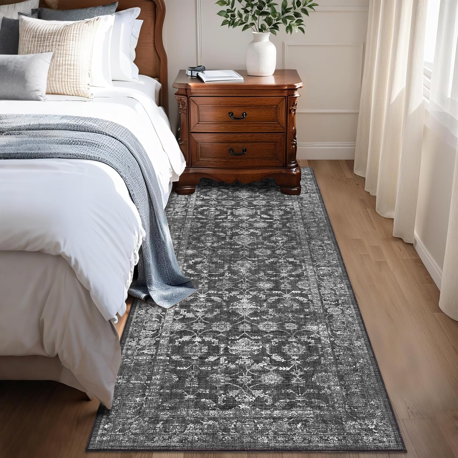 Washable Area Rug 2.6x8 Black Runner Rugs for Living Room, Vintage Boho Hallway Large Rug for Bedroom Dining Room Office, Distressed Floral Carpet for Under Table, Soft Non Slip Low Pile Throw Carpet