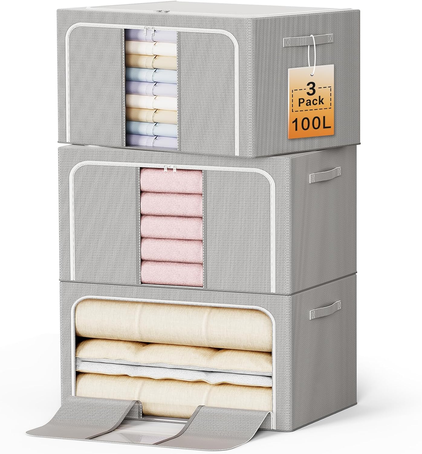 Clothes Storage Bins with Metal Frame Foldable Storage Box Clothes Organizers Storage Containers for Clothes Sheets Blankets Books Toys Gifts and Holiday Decorations (100Lx3 Pack)