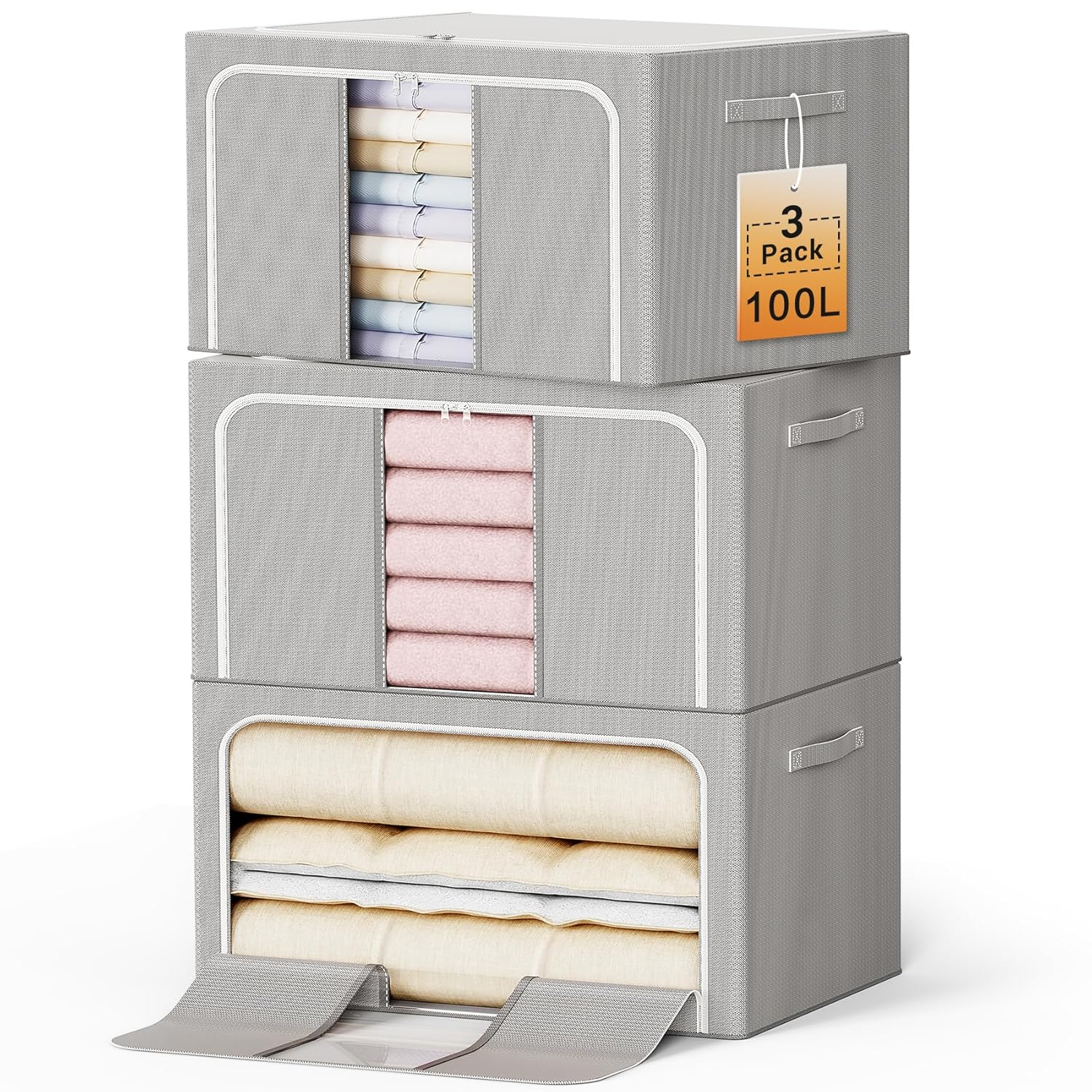 Clothes Storage Bins with Metal Frame Foldable Storage Box Clothes Organizers Storage Containers for Clothes Sheets Blankets Books
