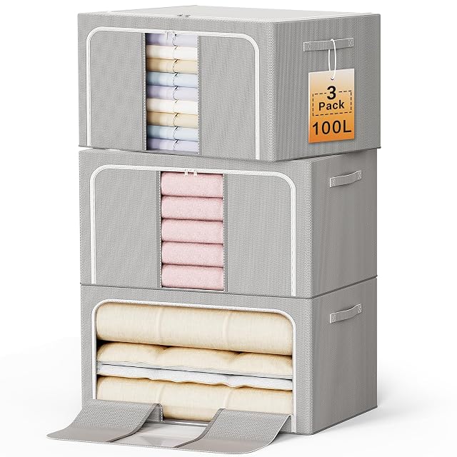 Clothes Storage Bins with Metal Frame Foldable Storage Box Clothes Organizers Storage Containers for Clothes Sheets Blankets Books