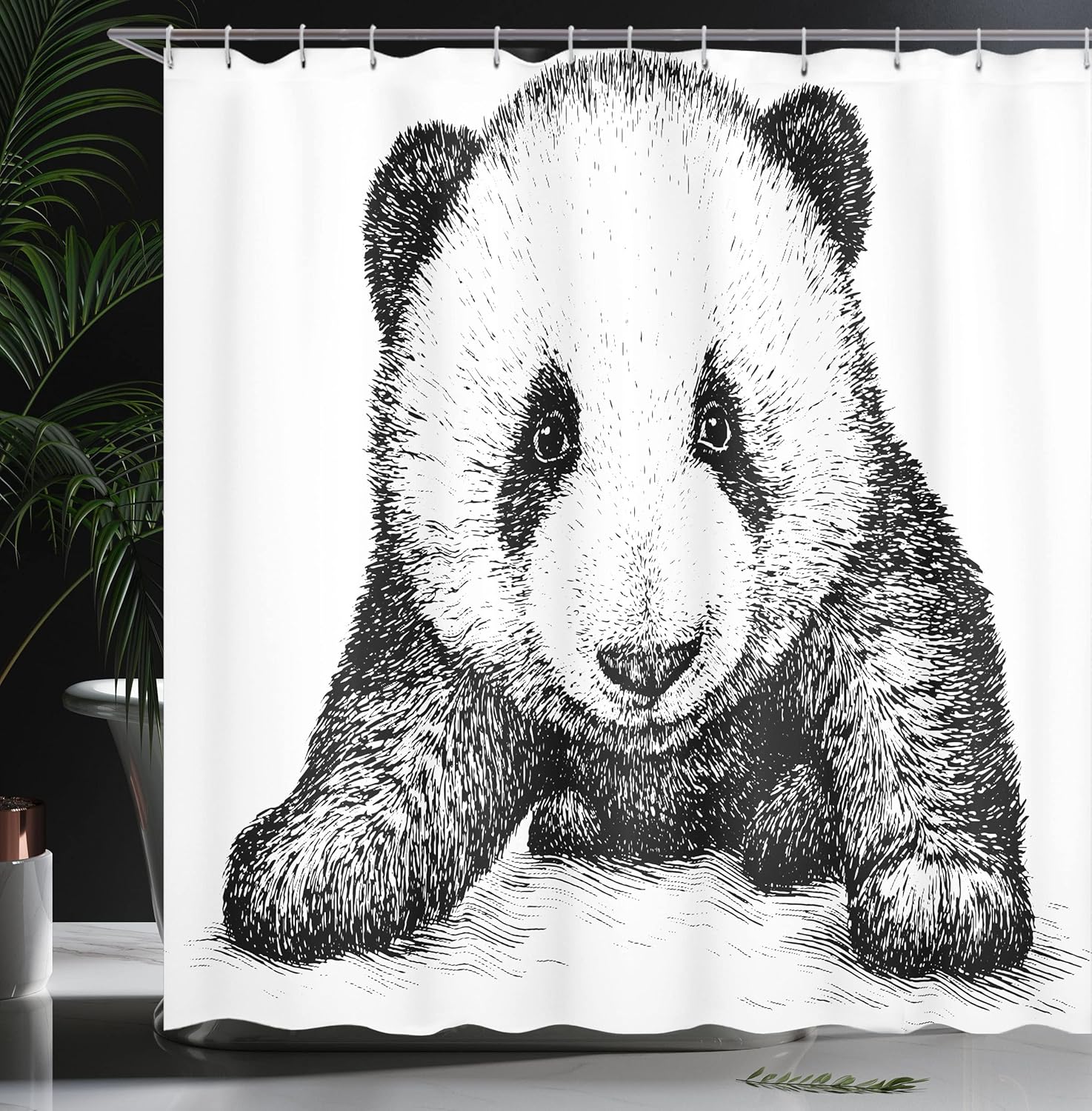 Ambesonne Panda Shower Curtain, Panda Bear Illustration Sketch Style Art Nature Wild Animals Theme, Cloth Fabric Bathroom Decor Set with Hooks, 69" W x 70" L, White Black