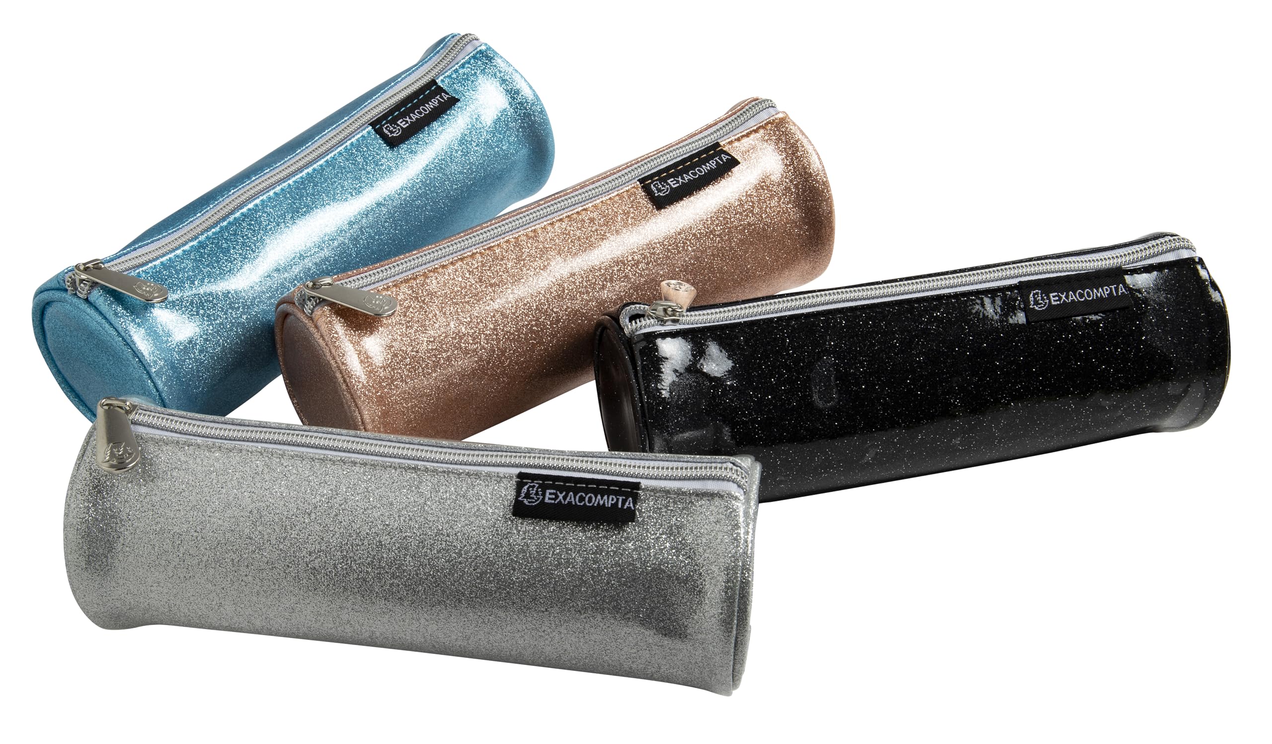 Exacompta - Réf. 52770E - Carton de 16 trousses rondes Glitter en PU simili cuir paillettes - doublée de polyester - dimensions 22,5 x 8 cm - couleurs bleu, gris, noir, nude