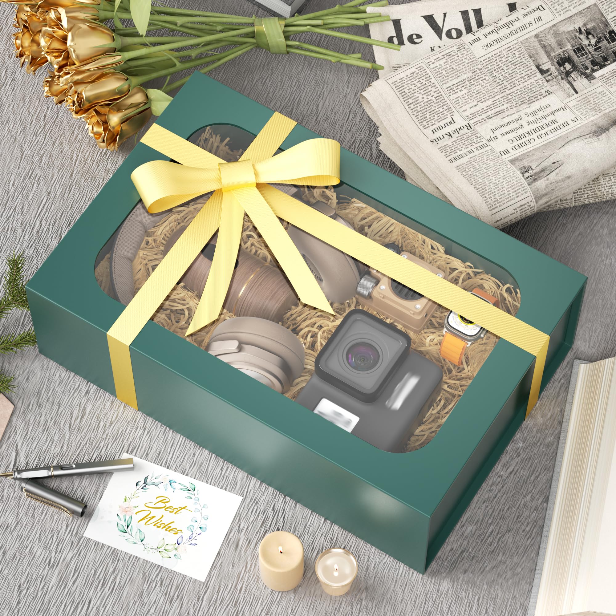 PSHVYM Große Geschenkbox mit Fenster, 34,9 x 22,9 x 10,9 cm, in grüner Geschenkbox für Geschenke, magnetische Deckel, zusammenklappbar, für Brautjungfernantragsbox, Hochzeit, Geburtstag, Weihnachten,