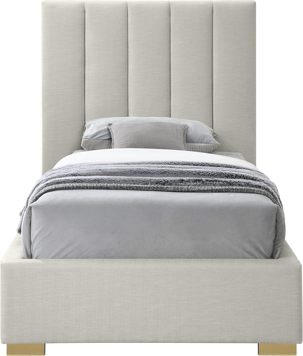 Meridian Furniture PierceBeige-T Pierce Collection Mid-Century Modern Linen Textured Fabric Upholstered Bed with Deep Channel Tufted Headboard, 45.5" W x 83.5" D x 54" H, Beige, Twin