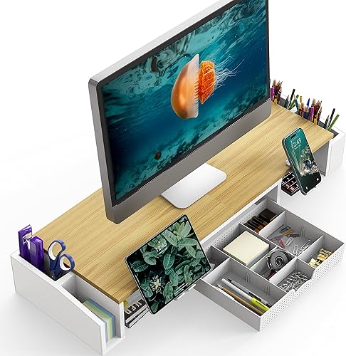 Miniatura 2 de Simple Houseware Soporte elevador de escritorio para monitor doble con cajón, roble