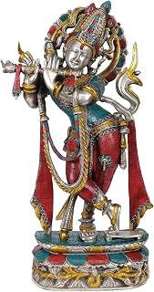 Exotic India Murali Krishna en Tono Plata con Coral y Turquesa Color (Trabajo – Estatua de latón