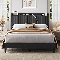 Vista 13 de Yaheetech Base de cama tamaño Queen con estación de carga USB y estante de almacenamiento/plataforma de cabecera tapizada con lado de ala/soporte
