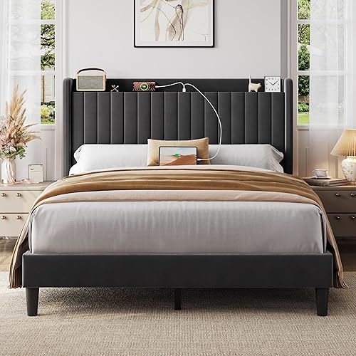 Yaheetech Queen Bed Frame with USB Charging Station and Storage Shelf/Upholstered Headboard Platform Bed with Wing Side/Wooden Slats Support/Noise Free/No Box Spring Needed/Easy Assembly, Dark Grey
