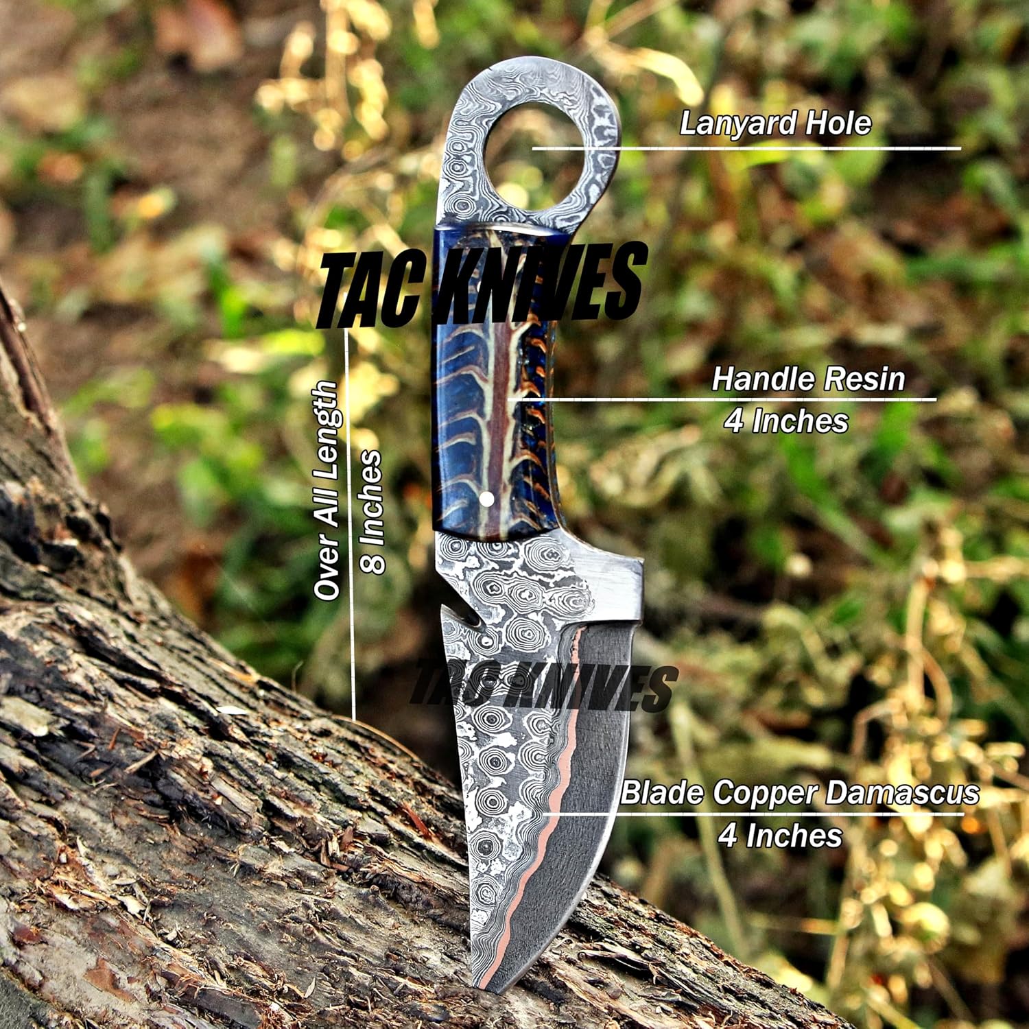 TAC Knives - Bushcraft Survival Knife12T27 Damascus Steel Fixed Blade outdoor Knife- Pakka Wood Handle - Pancake Leather Sheath - Traditional Field for Camping , Fishing, Hunting , Men & Women - EDC Knife to Carry on Belt- (copper pinecone)